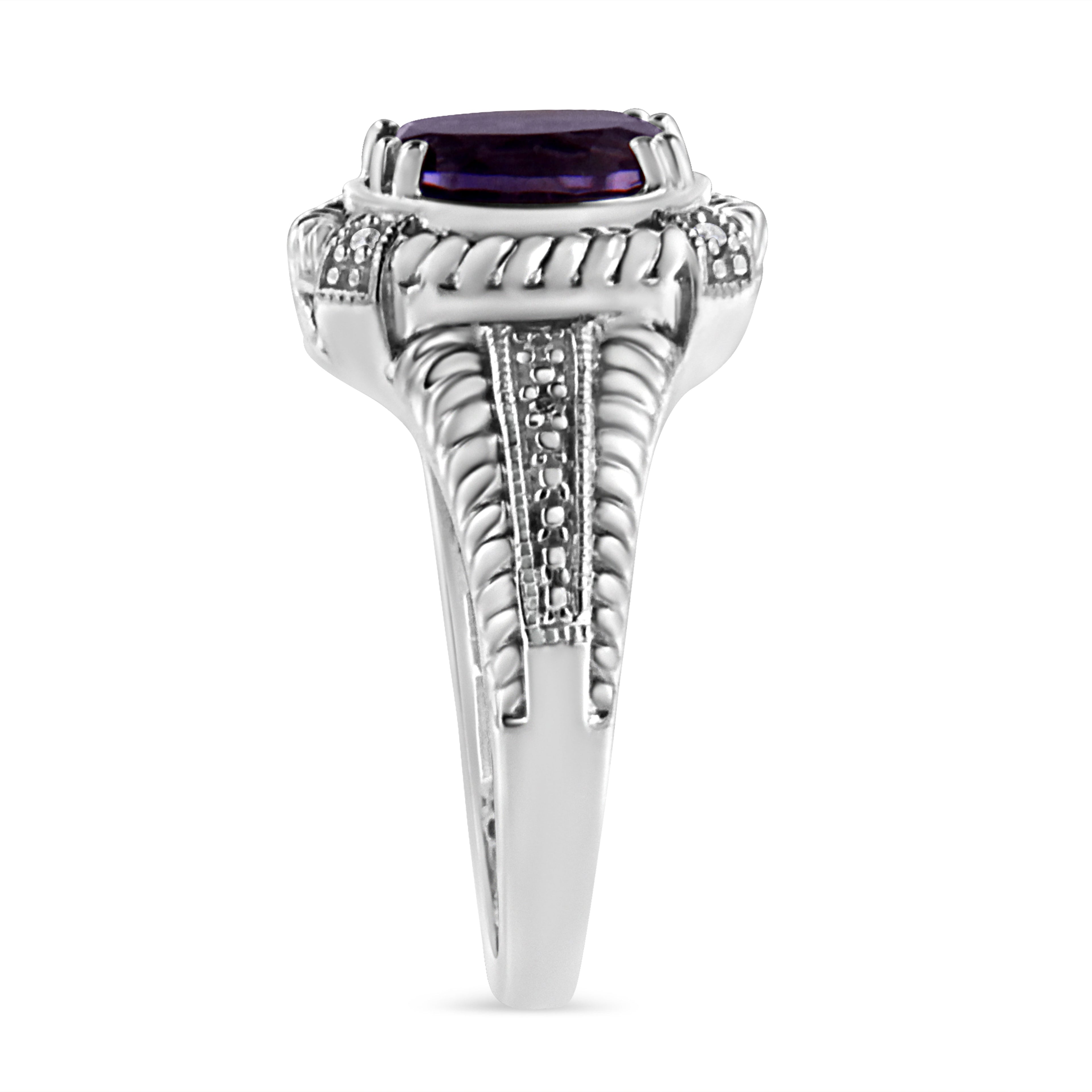 .925 Sterling Silver Prong Set Natural Oval Shape 9X7 MM Purple Amethyst Solitaire and Diamond Accent Ring (I-J Color, I1-I2 Clarity) - Friggin Jewelry