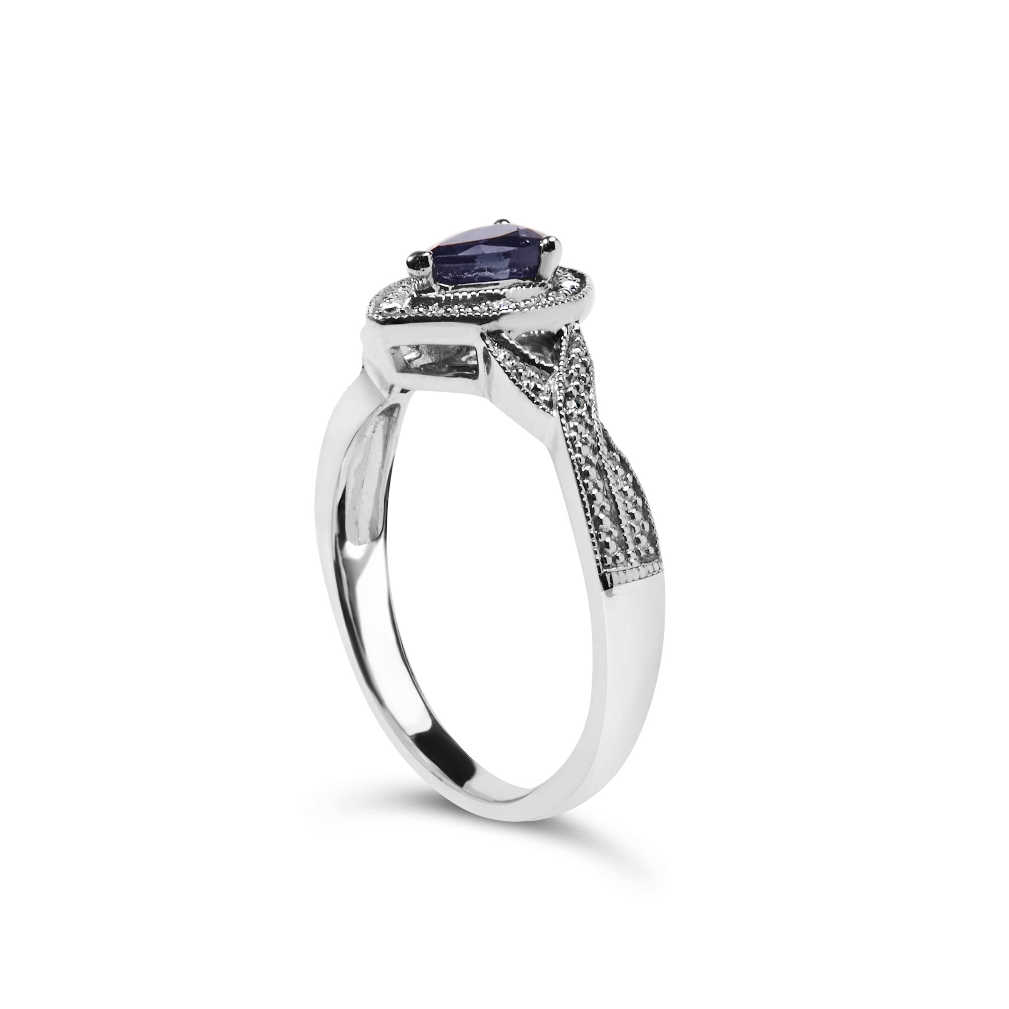 Anillo de moda con halo de zafiro pera de 6 x 4 mm y detalles de diamantes en plata de ley 925 (color HI, claridad SI1-SI2) - Friggin Jewelry