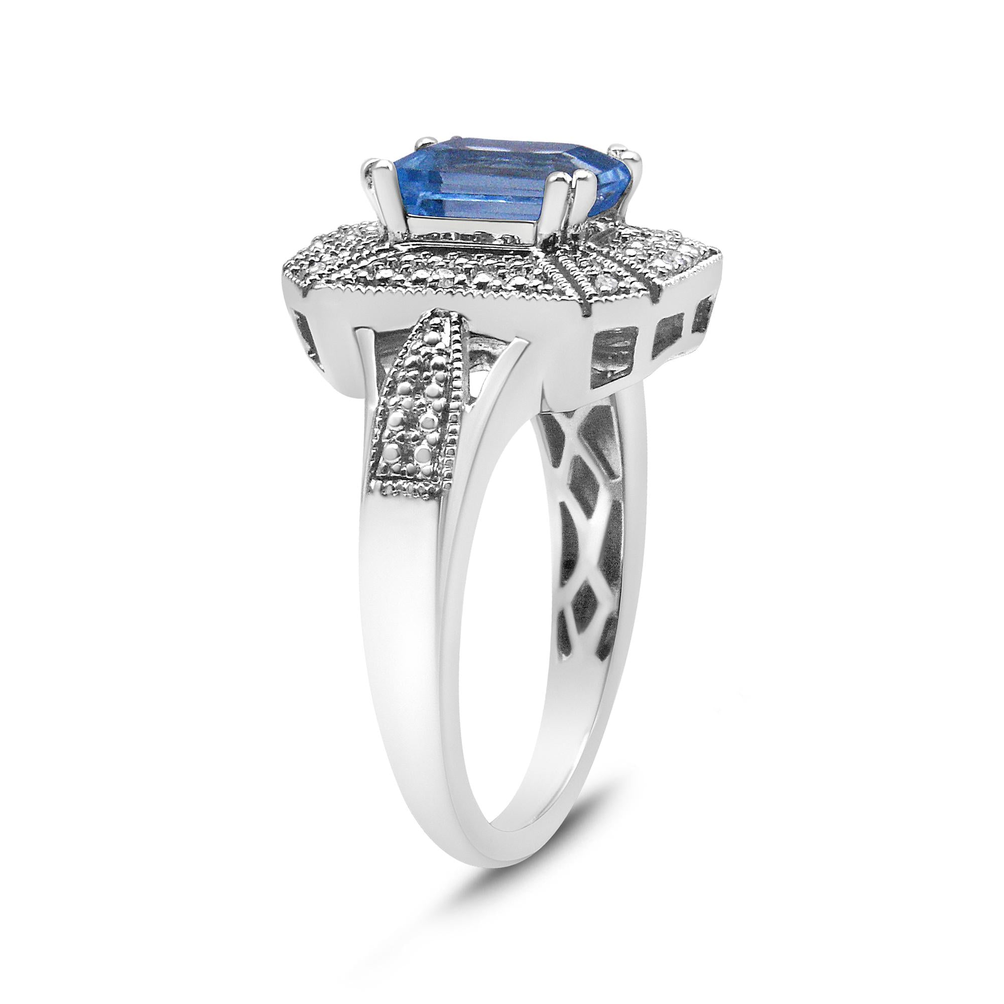 .925 Sterling Silver Diamond Accent and 8X6 mm Emerald-Shape Blue Topaz Ring (I-J Color, I2-I3 Clarity) - Friggin Jewelry