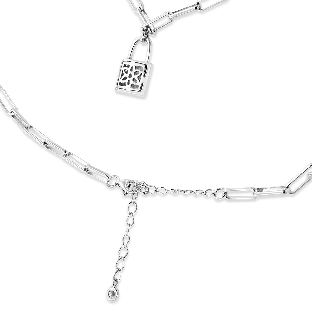 .925 Sterling Silver 1/10 Cttw Round Diamond Lock Pendant Paperclip Chin Necklace (H-I Color, SI1-SI2 Clarity) - Friggin Jewelry