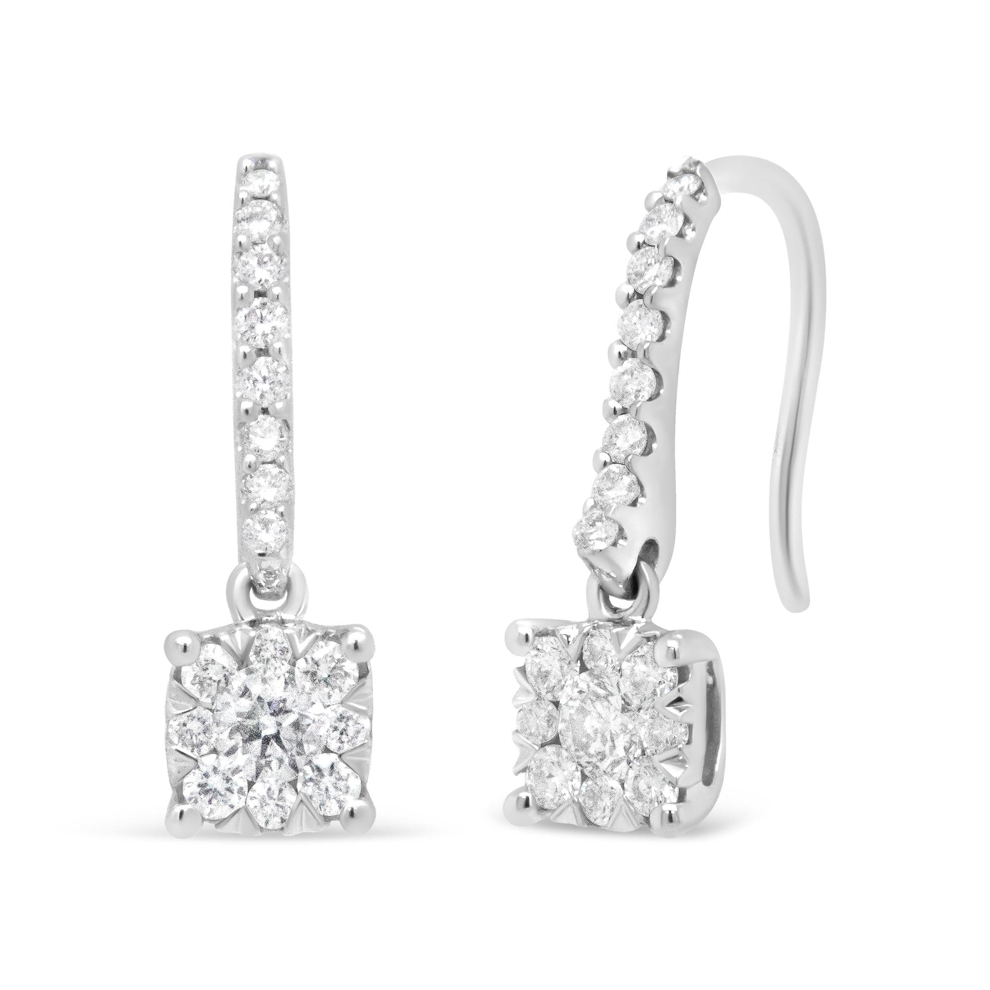 14K White 1/2 Cttw Round Diamond Halo Dangle Hook Earring - (H-I Color, SI2-I1 Clarity) - Friggin Jewelry
