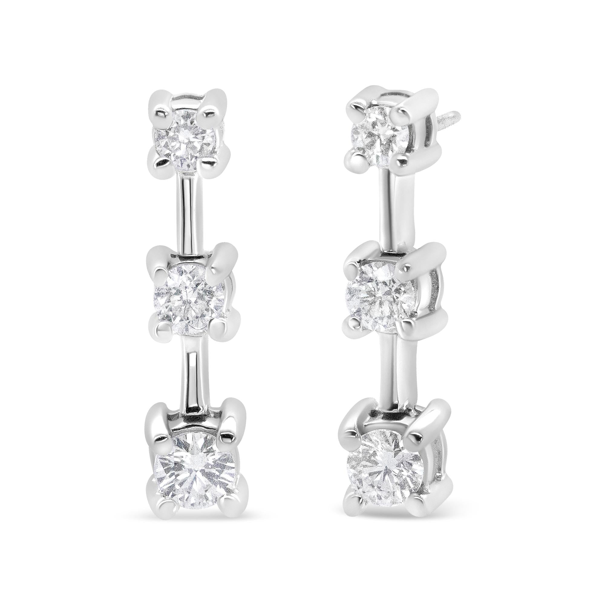 14K Gold Round Diamond 3 Stone Graduated Linear Drop Past, Present and Future Stud Earrings (H-I Color, SI1-SI2 Clarity) - Friggin Jewelry