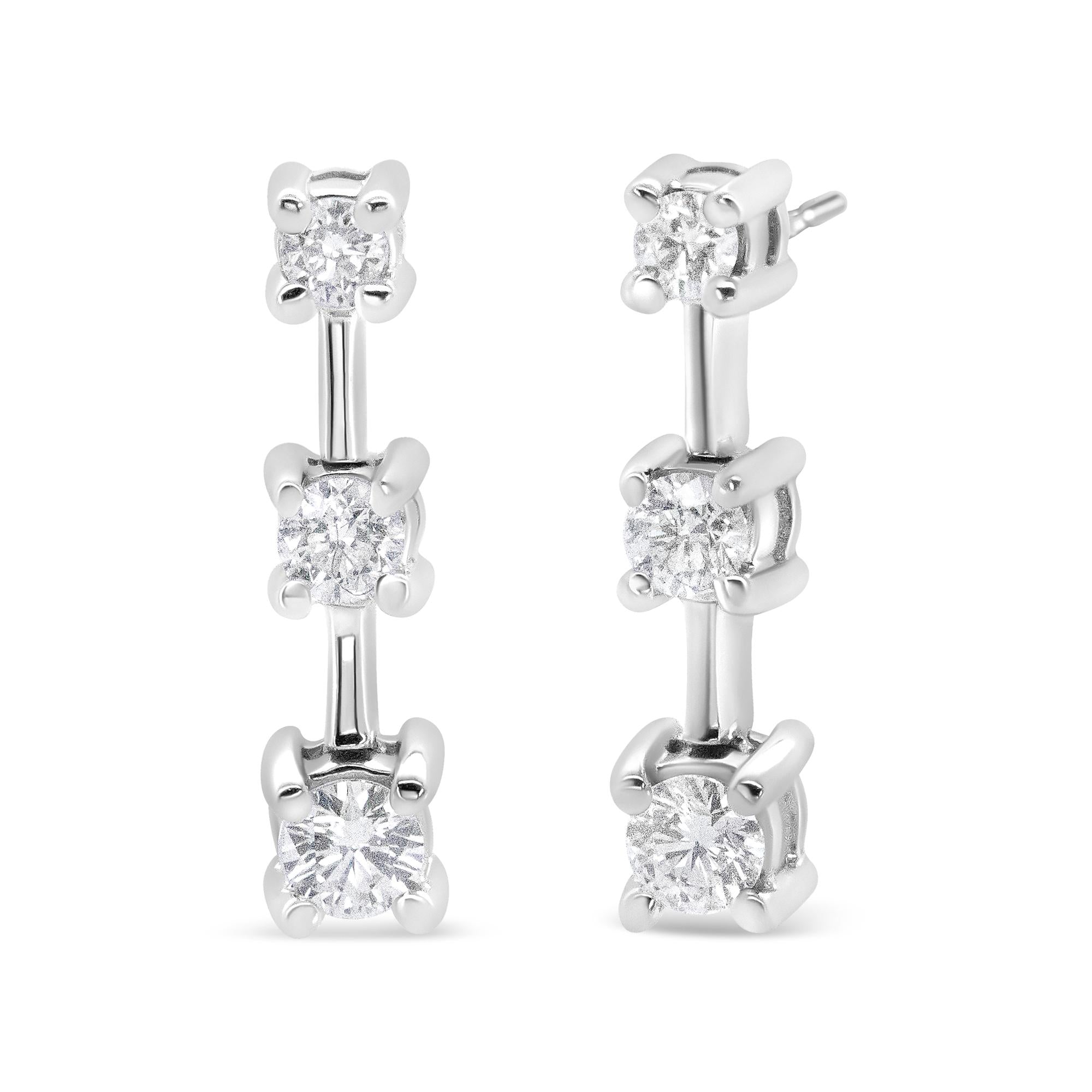 14K Gold Round Diamond 3 Stone Graduated Linear Drop Past, Present and Future Stud Earrings (H-I Color, SI1-SI2 Clarity) - Friggin Jewelry