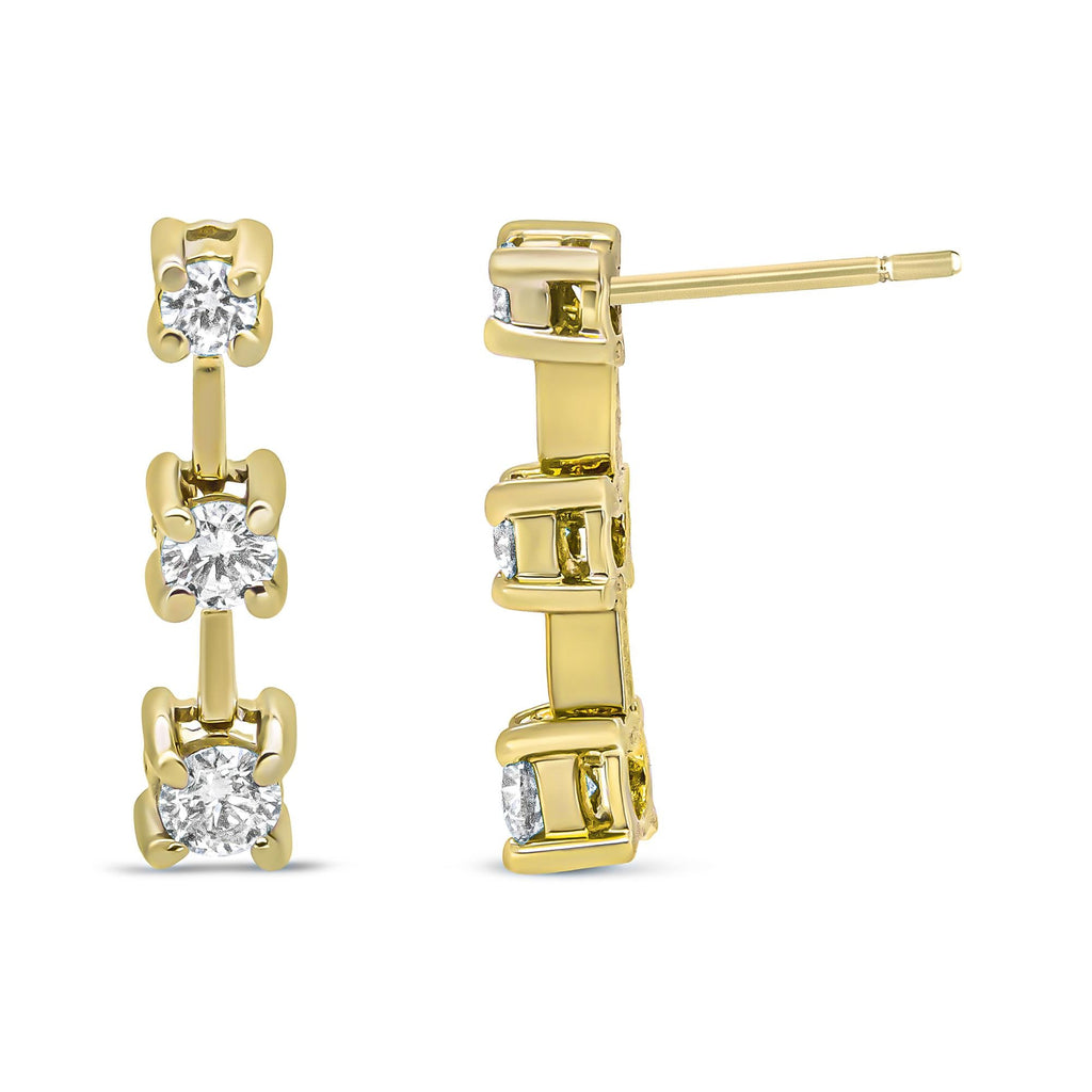 14K Gold Round Diamond 3 Stone Graduated Linear Drop Past, Present and Future Stud Earrings (H-I Color, SI1-SI2 Clarity) - Friggin Jewelry