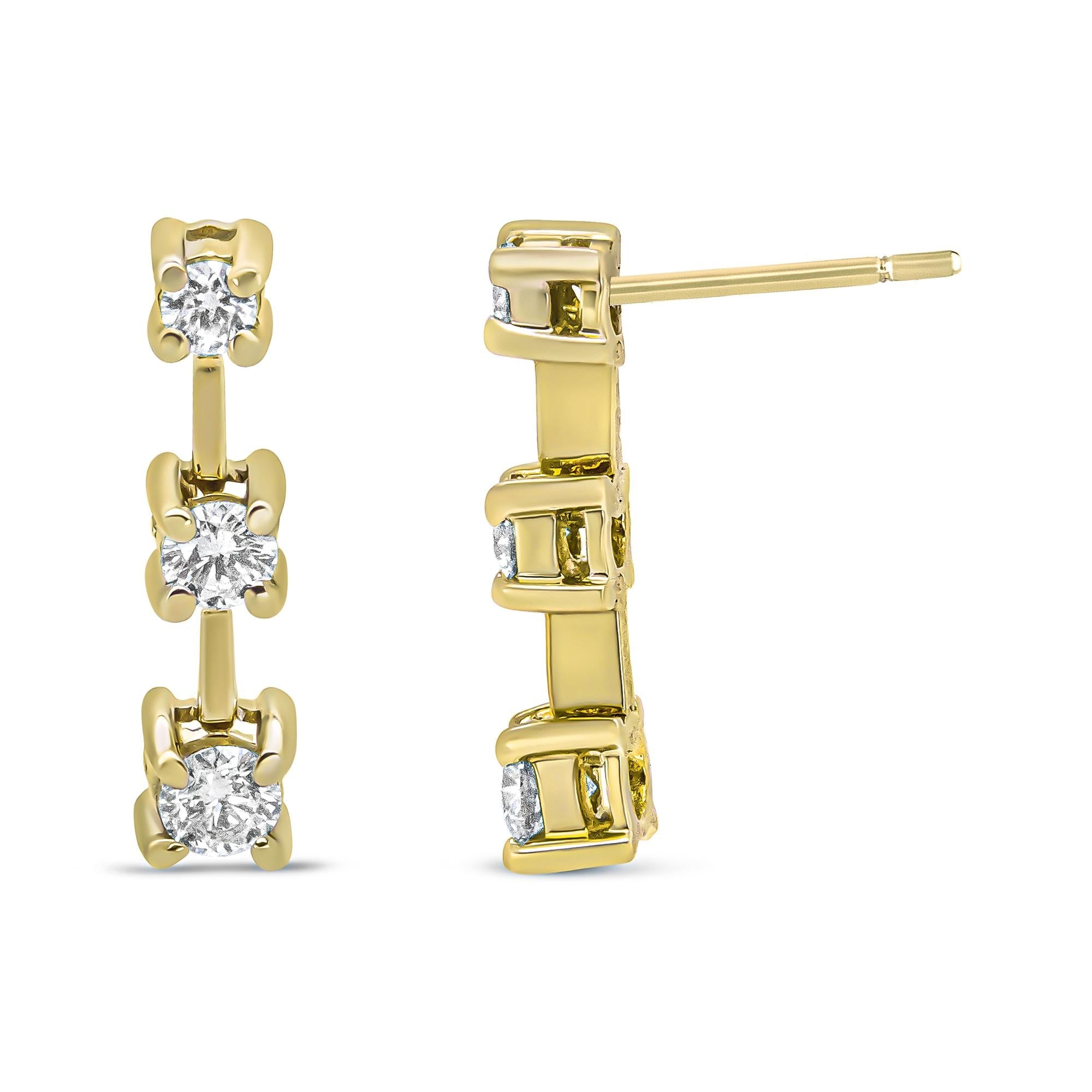 14K Gold Round Diamond 3 Stone Graduated Linear Drop Past, Present and Future Stud Earrings (H-I Color, SI1-SI2 Clarity) - Friggin Jewelry