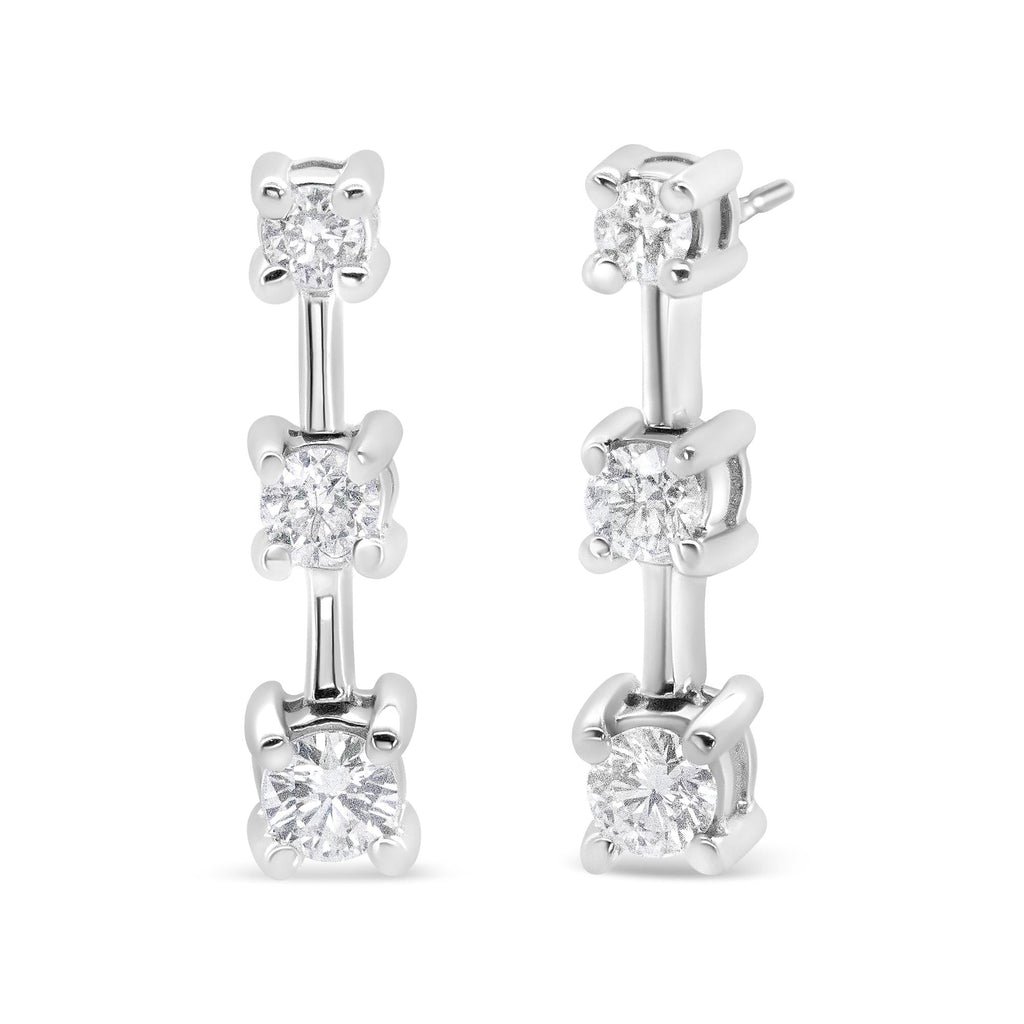 14K Gold Round Diamond 3 Stone Graduated Linear Drop Past, Present and Future Stud Earrings (H-I Color, SI1-SI2 Clarity) - Friggin Jewelry