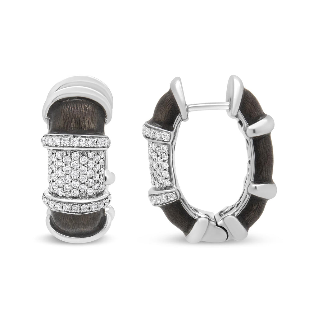 18K White Gold Flash Plated .925 Sterling Silver Clear Graphite Grey Enamel 5/8 Cttw Round Diamonds Huggie Hoop Earrings (F-G Color, VS1-VS2 Clarity) - Friggin Jewelry
