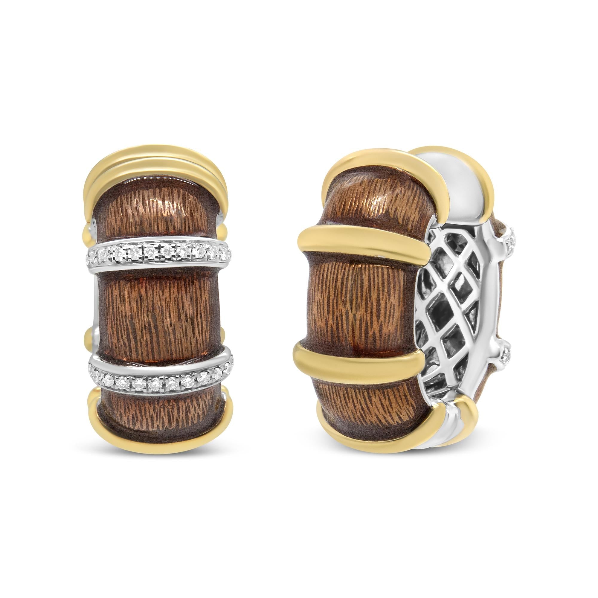 Orecchini a cerchio Huggie in argento sterling 925 placcato oro giallo e bianco 18 carati, smalto marrone trasparente, diamanti rotondi da 9/10 ct (colore FG, purezza VS1-VS2) - Friggin Jewelry