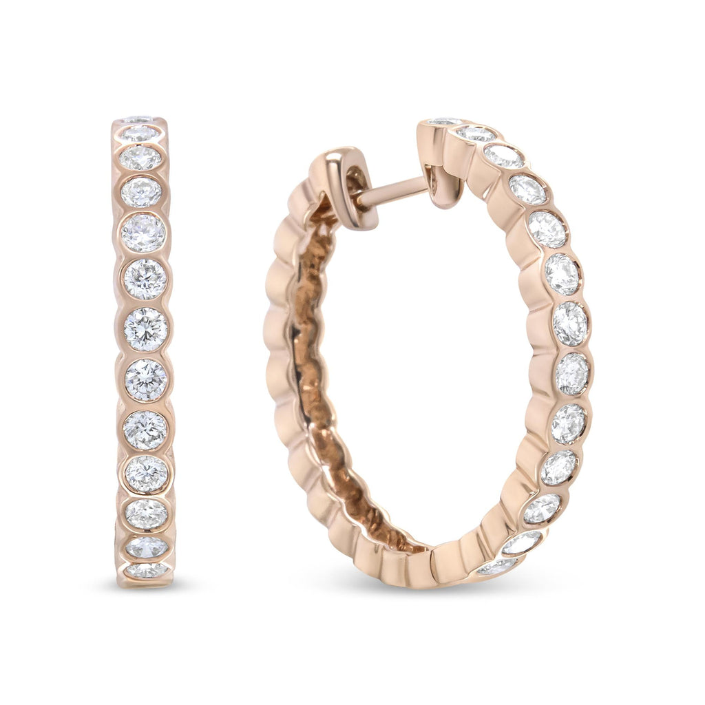 Aros de oro rosa de 18 quilates con diamantes redondos engastados en bisel de 1 quilates (color FG, claridad VS1-VS2) - Friggin Jewelry