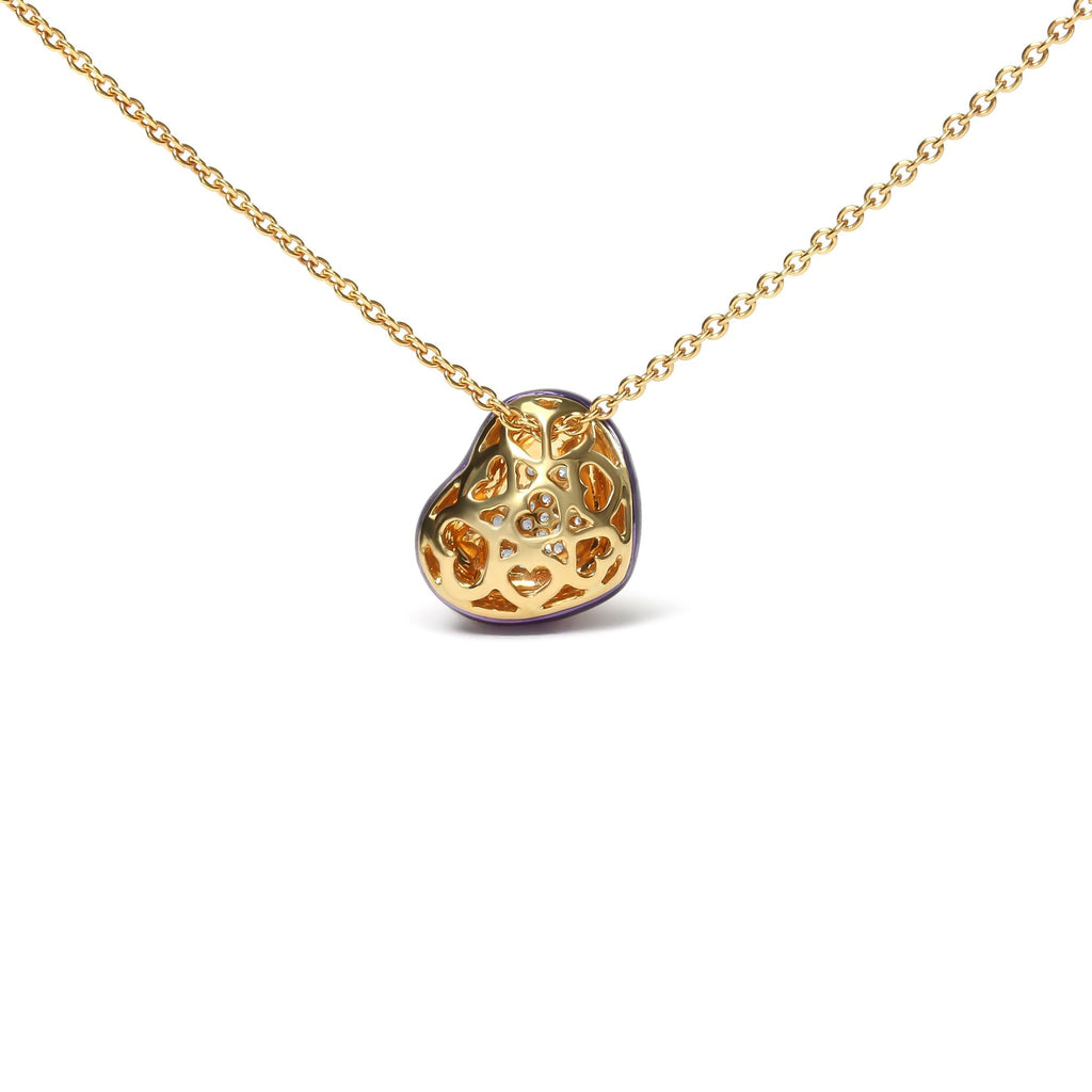 18K Yellow Gold Blue Enamel 1/10 Cttw Round Pave Diamonds Heart Shape 18" Pendant Necklace  (G-H Color, SI1-SI2 Clarity) - Adjustable up to 16" - 18" - Friggin Jewelry