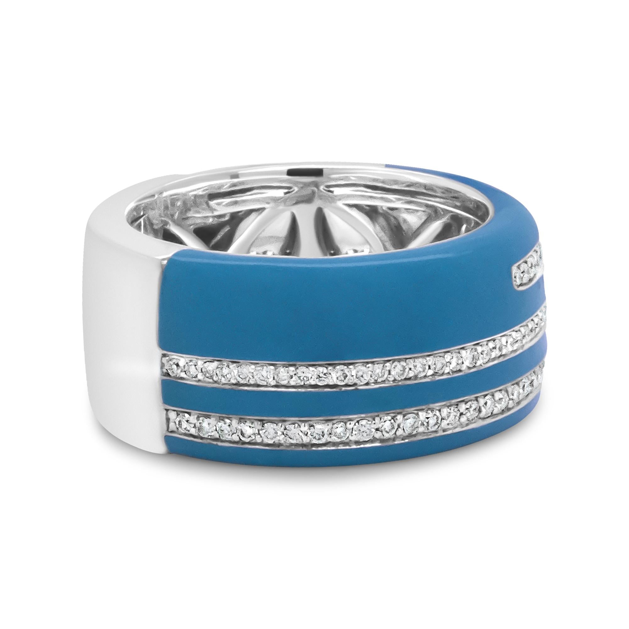 Anello a fascia larga con diamanti rotondi da 5/8 ct, smalto turchese in argento sterling 925 (colore FG, purezza VS1-VS2) - Friggin Jewelry
