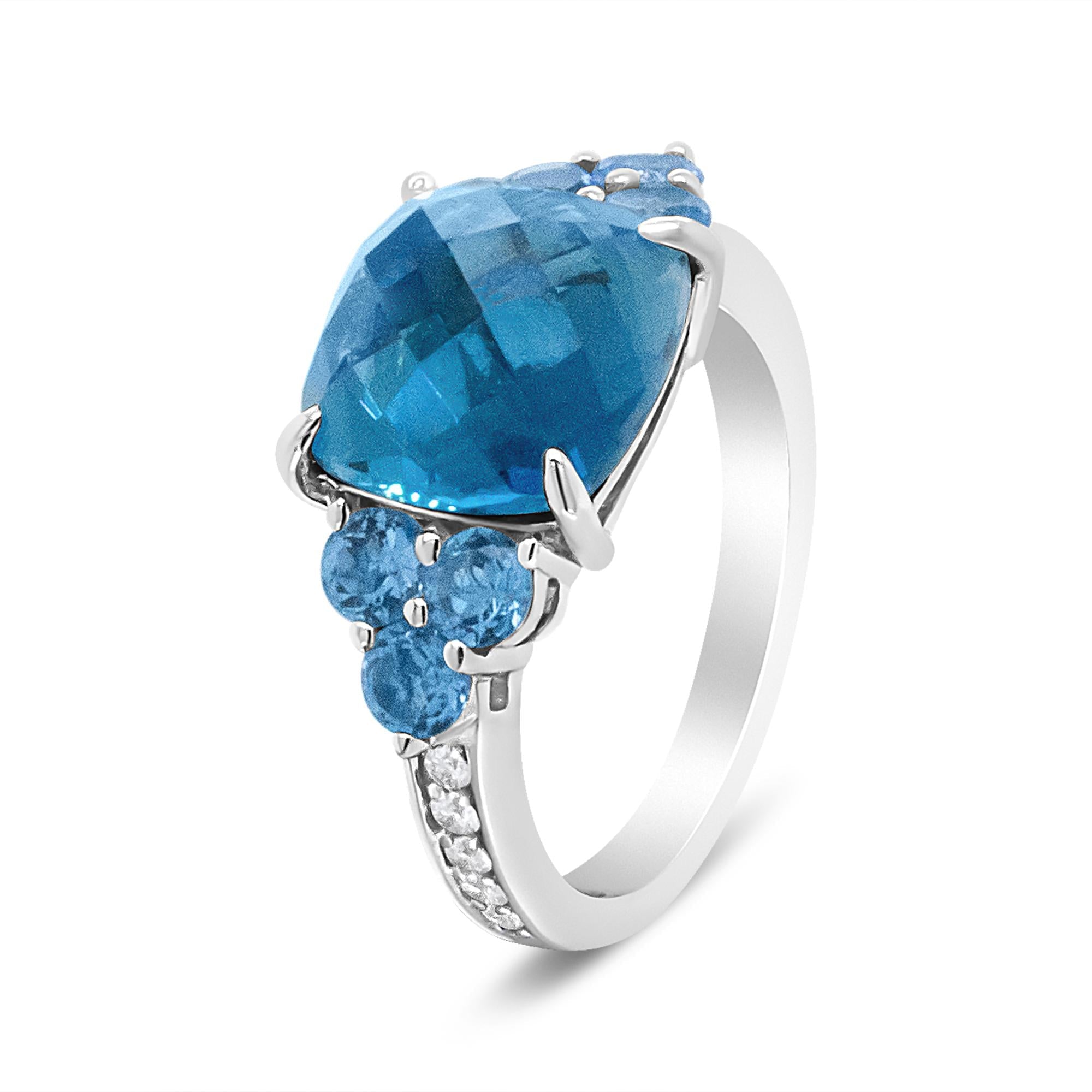 18K White Gold 10mm Cushion Shaped Blue Topaz and 1/6 Cttw Diamond 3 Stone Style Ring (F-G Color, VS1-VS2 Clarity) - Friggin Jewelry
