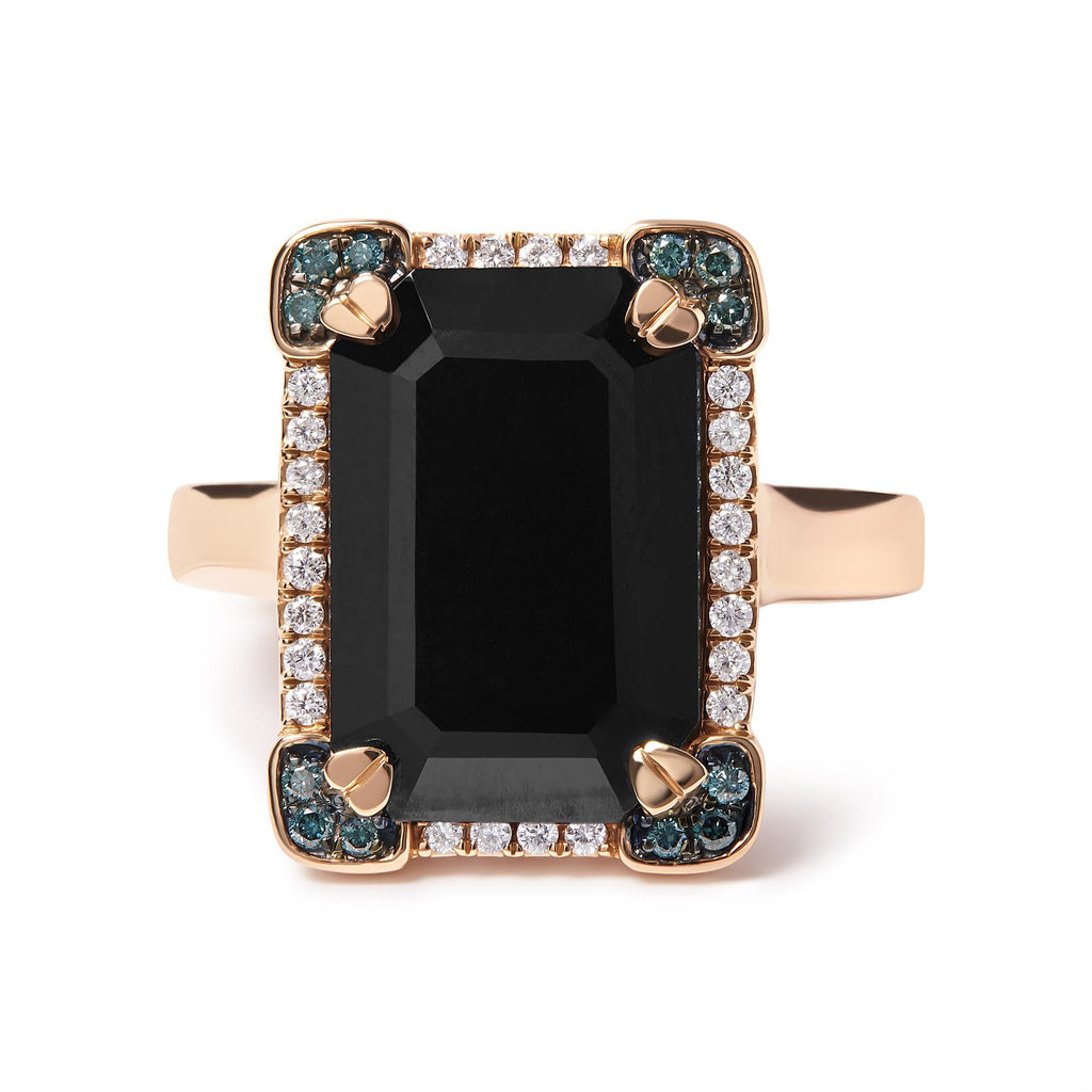Anello da cocktail Halo in oro rosa 14 carati con onice nero taglio smeraldo da 15x10 mm e diamanti blu e bianchi da 1/5 ct (colore GH, purezza SI1-SI2) - Misura 7 - Friggin Jewelry