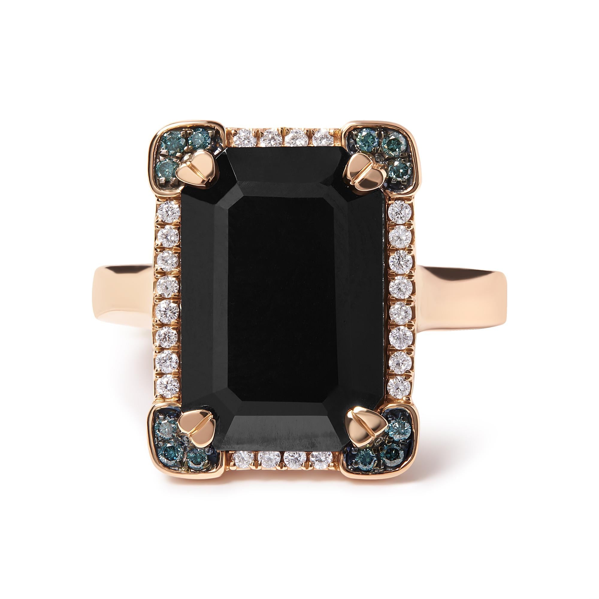 14K Rose Gold 15x10 MM Emerald-Cut Black Onyx and 1/5 Cttw Blue and White Diamond Halo Cocktail Ring (G-H Color, SI1-SI2 Clarity)- Size 7 - Friggin Jewelry