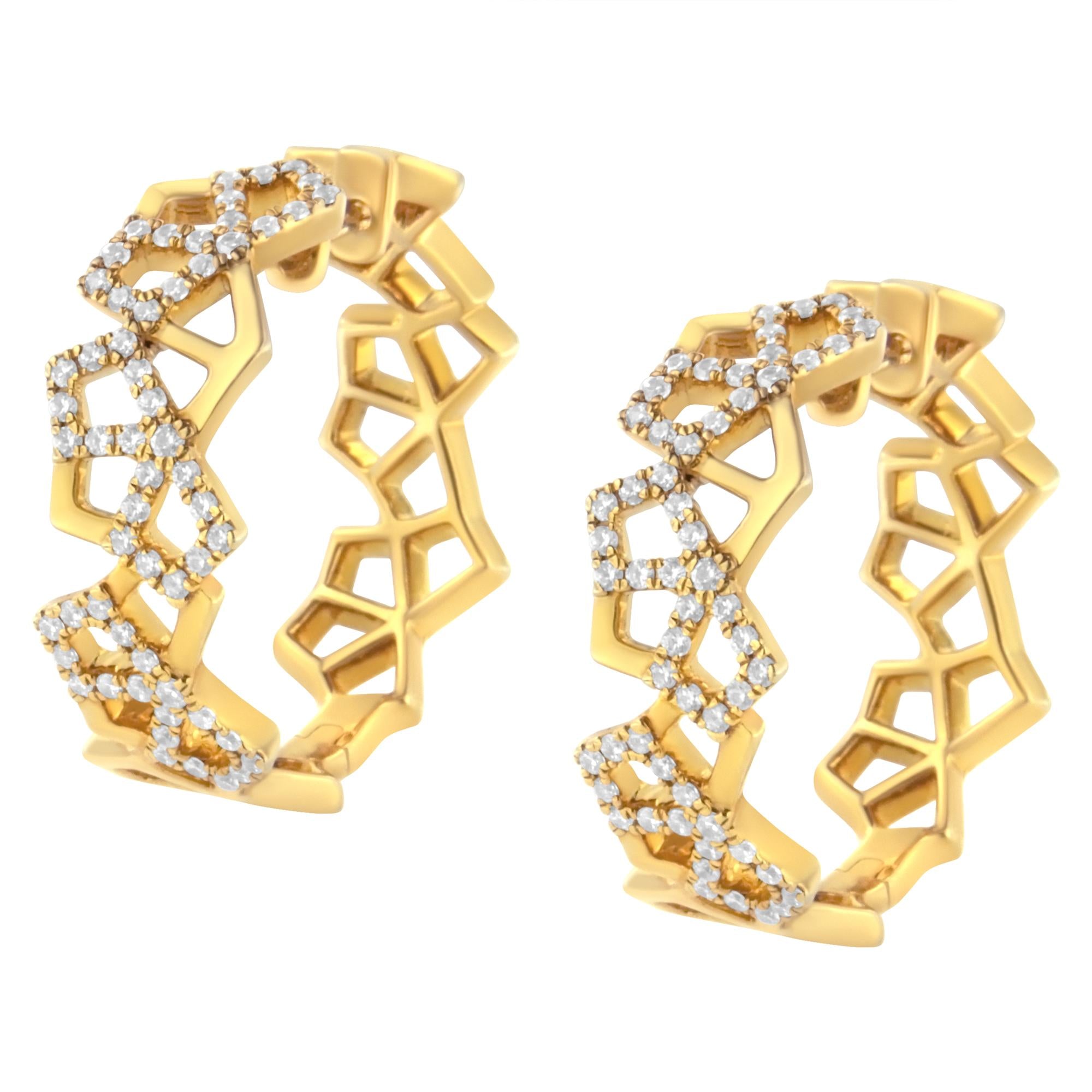 14K Yellow Gold 3/4 Cttw Diamond Honeycomb Hoop Earrings (G-H Color, SI1-SI2 Clarity) - 24MM - Friggin Jewelry