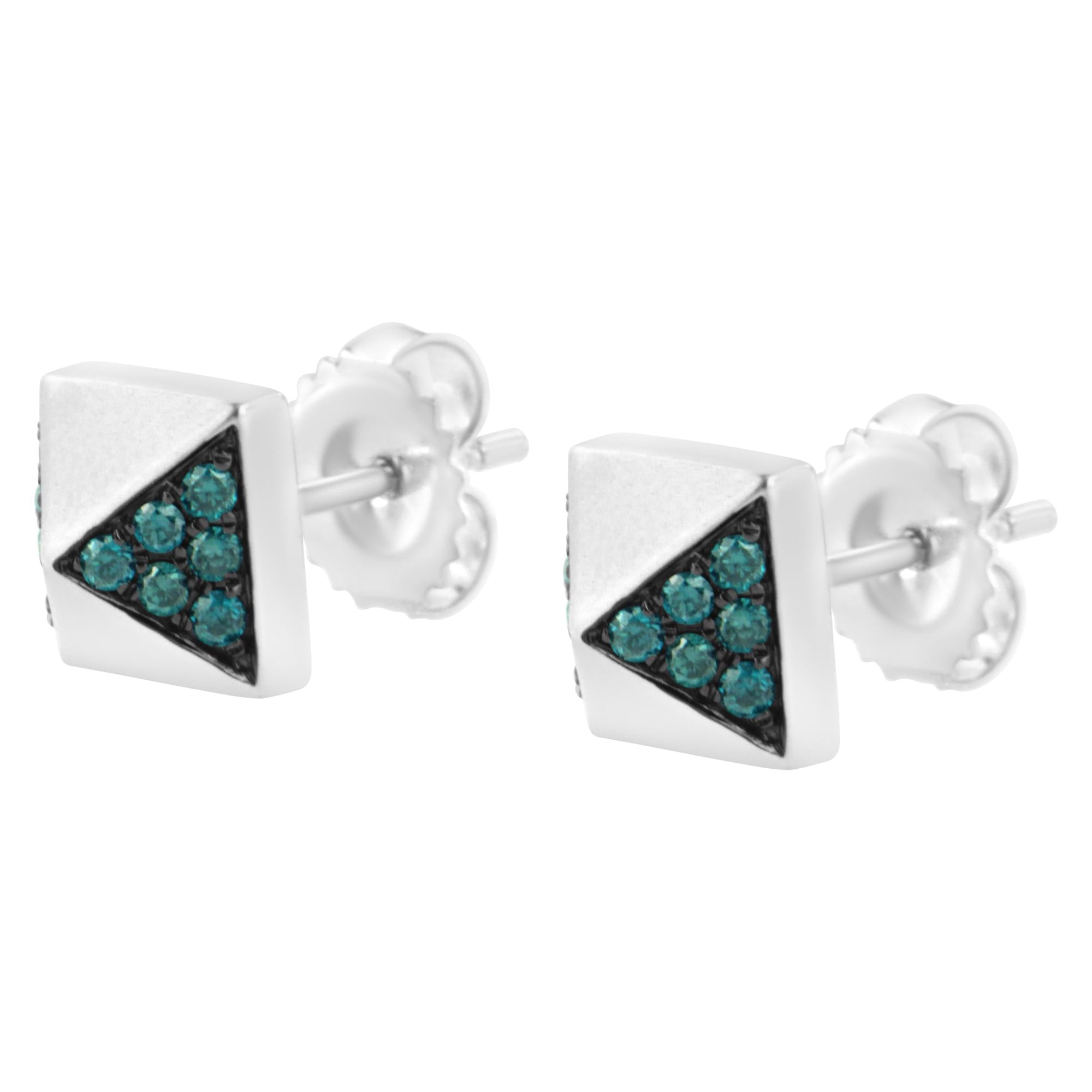 14K White Gold 1/4 Cttw Treated Blue Diamond Pyramid Stud Earring (Blue Color, SI1-SI2 Clarity) - Friggin Jewelry