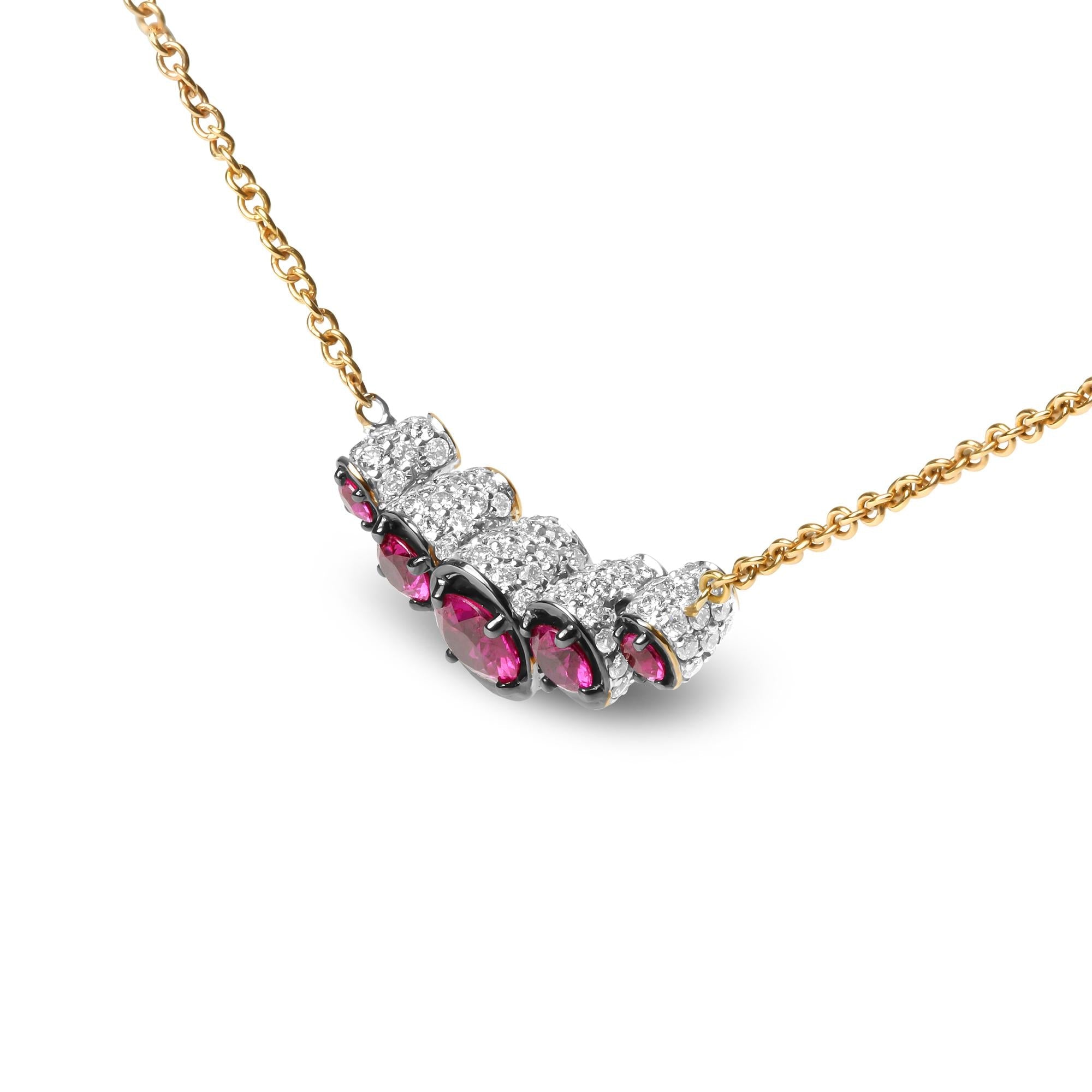 18K Rose Gold 3/4 Cttw Pave Diamonds and Graduated Red Ruby Gemstone Curved Bar Choker Necklace (G-H Color, SI1-SI2 Clarity) - Adjustable up to 14" - 16.5" - Friggin Jewelry