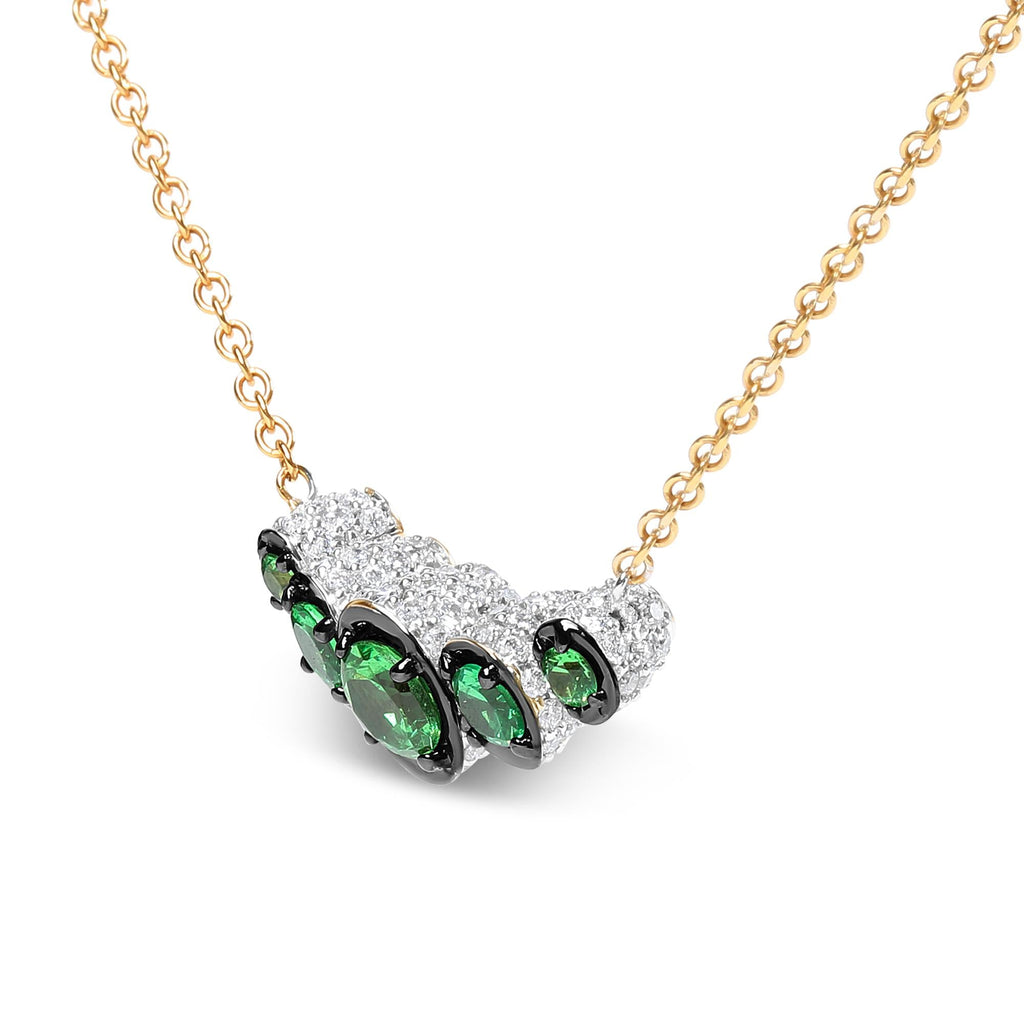 18K Rose Gold 3/4 Cttw Pave Diamonds and Graduated Green Tsavorite Gemstone Curved Bar Choker Necklace (G-H Color, SI1-SI2 Clarity) - Adjustable up to 14" - 16.5" - Friggin Jewelry