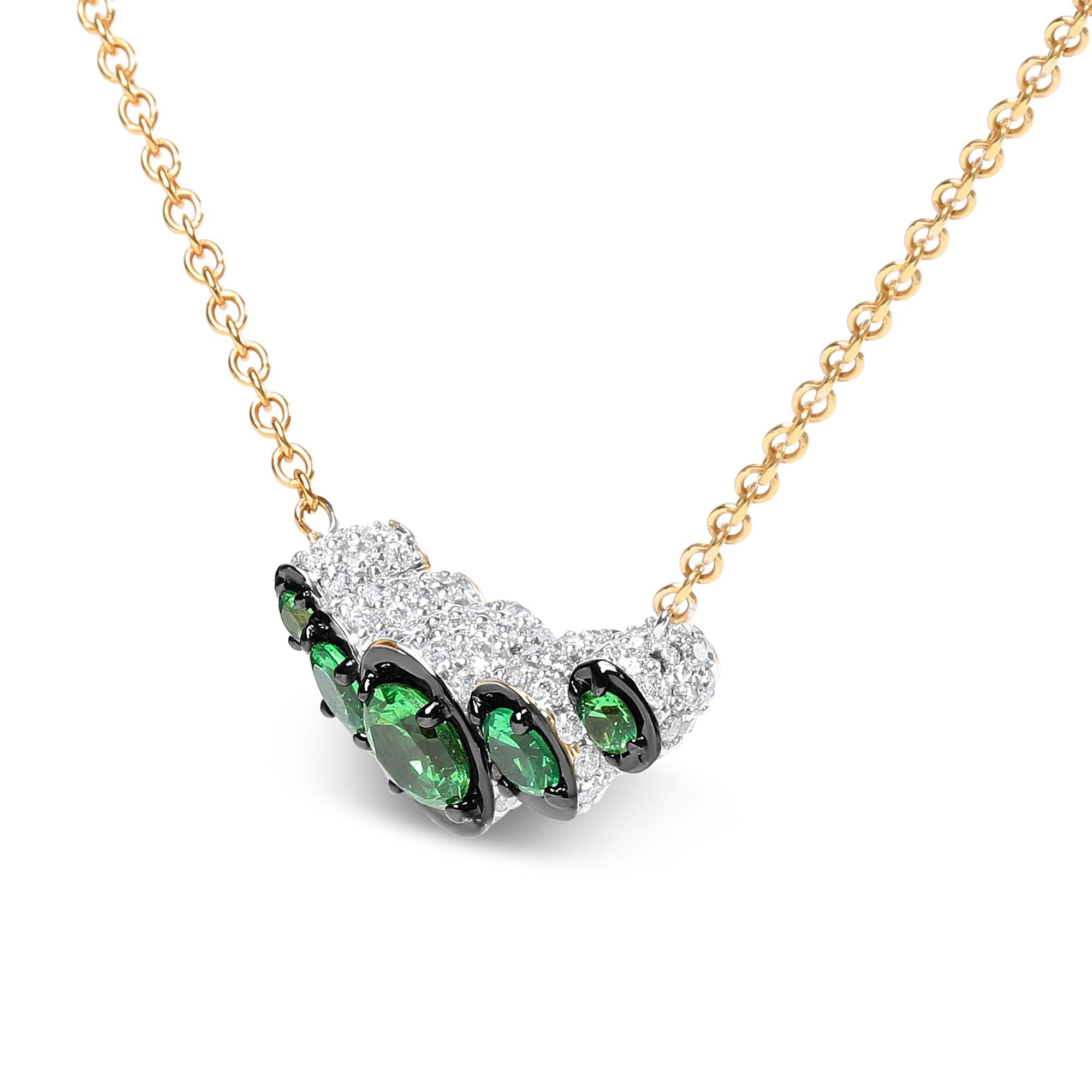 18K Rose Gold 3/4 Cttw Pave Diamonds and Graduated Green Tsavorite Gemstone Curved Bar Choker Necklace (G-H Color, SI1-SI2 Clarity) - Adjustable up to 14" - 16.5" - Friggin Jewelry
