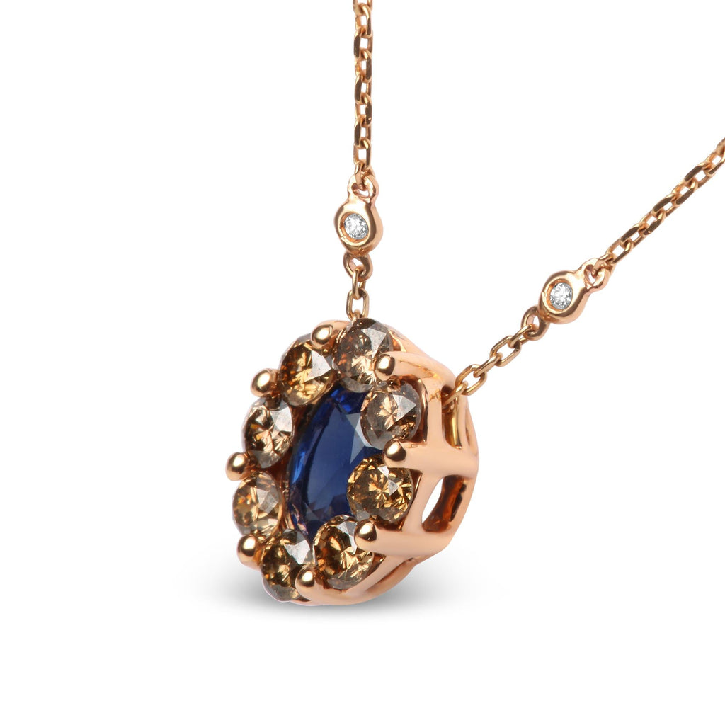 18K Rose Gold 5/8 Cttw White and Brown Diamond Accent and 7 x 4mm Oval Blue Sapphire Gemstone Statement Halo Cluster Pendant Necklace (Brown and G-H Color, - Friggin Jewelry SI1-SI2 Clarity) - Adjustable up to 16" - 18"