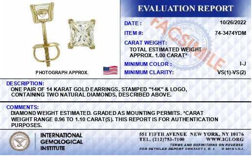 Aretes solitarios de 4 puntas con diamantes cuadrados de talla princesa de 1,00 ct en oro amarillo de 14 quilates con certificación IGI (color IJ, claridad VS1-VS2) - Friggin Jewelry