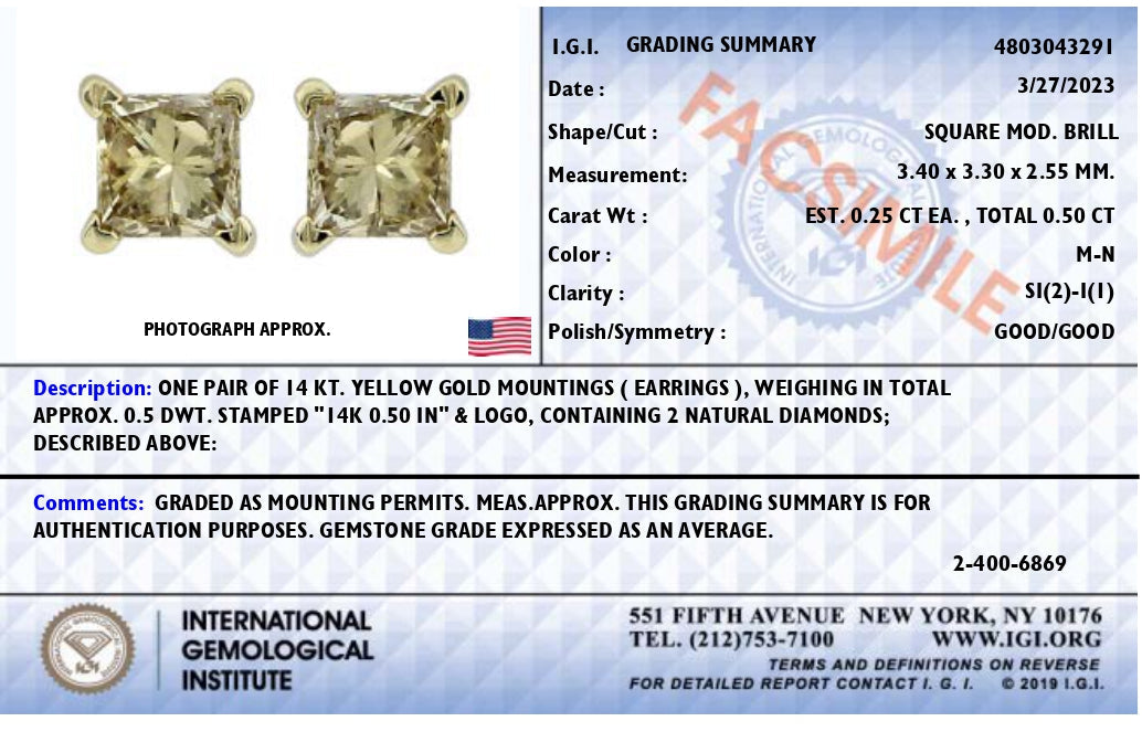 Aretes tipo botón con diamantes solitarios de talla princesa engastados en oro amarillo de 14 k con certificación IGI de 1/2 ct y 4 puntas (color MN, claridad SI2-I1) - Friggin Jewelry