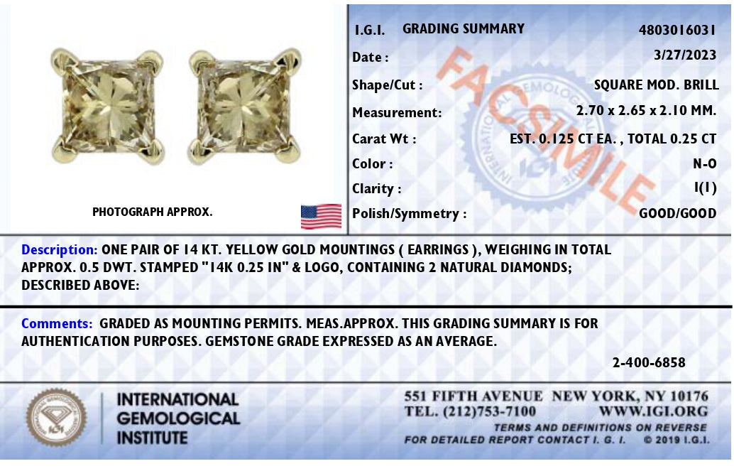 Aretes tipo botón con cierre a presión de 1/2 ct en oro amarillo de 14 k con certificación IGI, 4 puntas y diamantes solitarios de talla princesa engastados (sin color, claridad I1-I2) - Friggin Jewelry