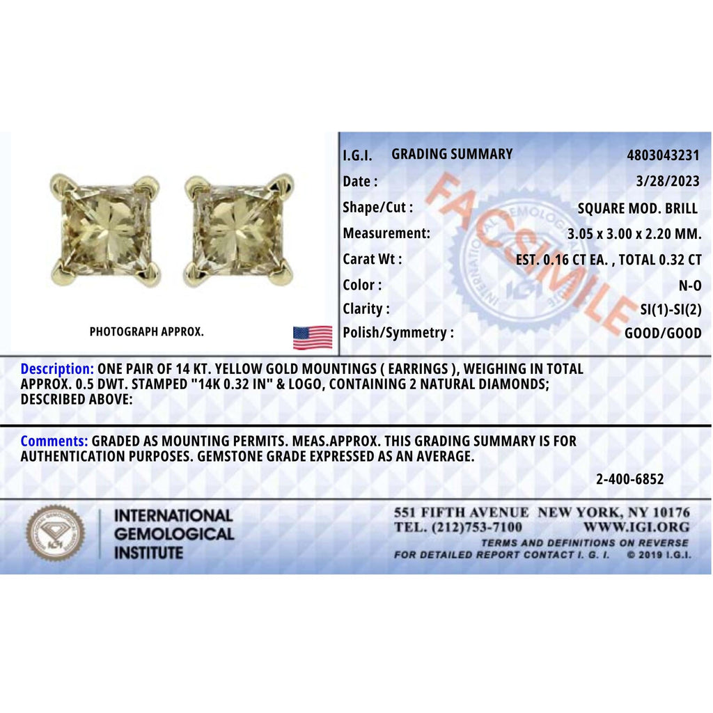 Aretes de botón con diamantes solitarios de talla princesa de 1/3 quilates, engastados en 4 puntas y con certificación IGI (sin color, claridad SI1-SI2) - Friggin Jewelry