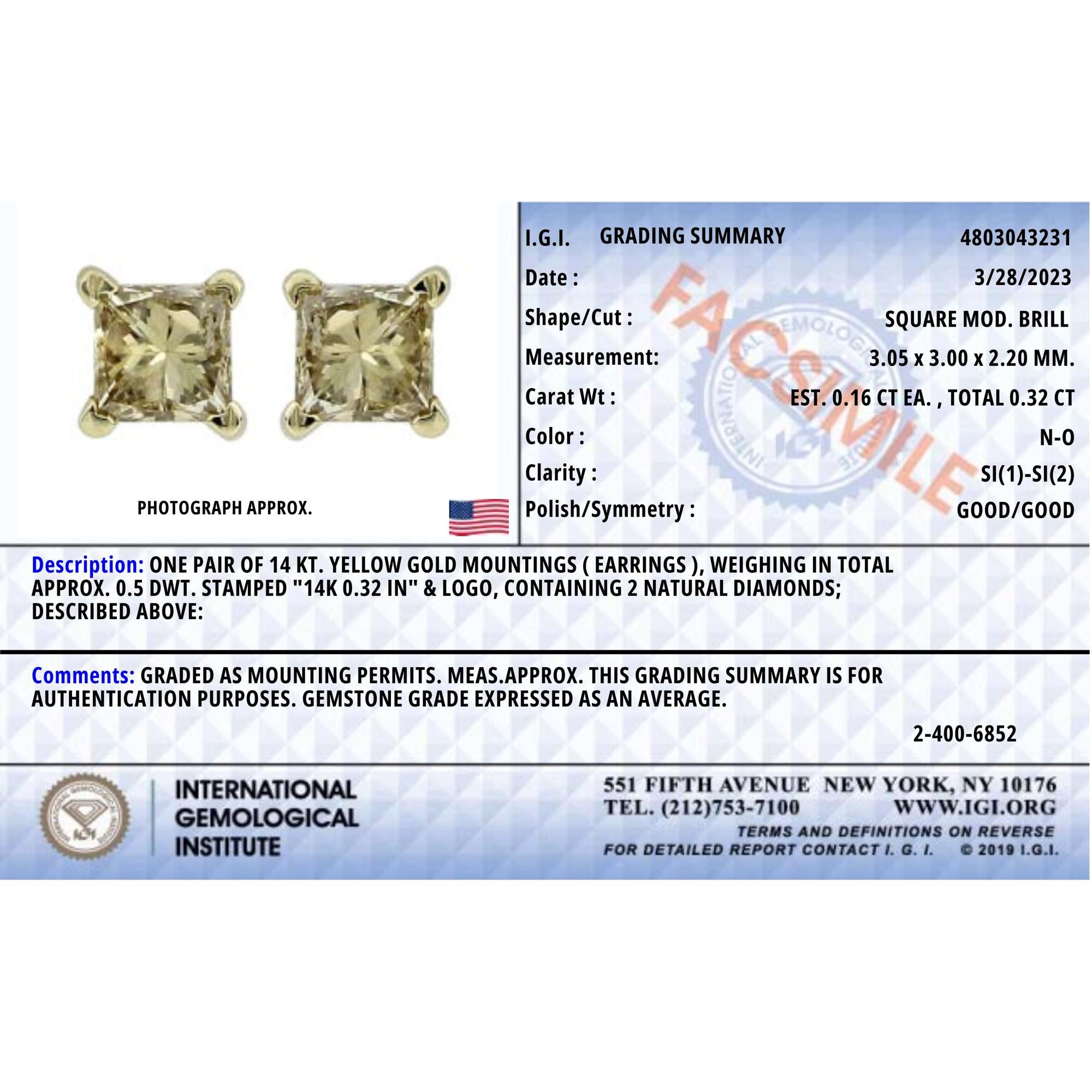 Aretes de botón con diamantes solitarios de talla princesa de 1/3 quilates, engastados en 4 puntas y con certificación IGI (sin color, claridad SI1-SI2) - Friggin Jewelry