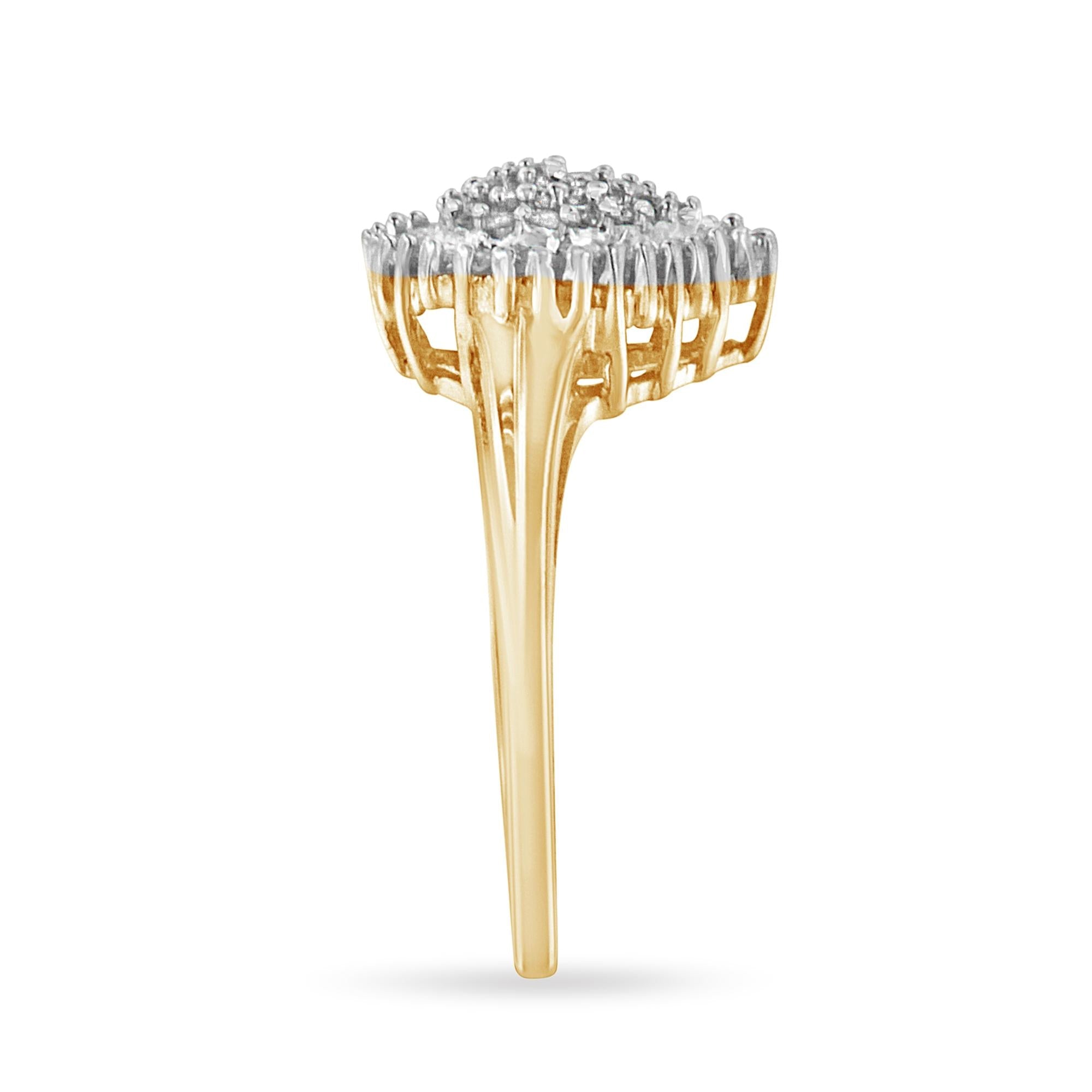 10K Yellow Gold 1/2 Cttw Round & Baguette Cut Diamond Pear Shaped Domed Pavé Cluster with Halo Cocktail Ring (J-K Color, I1-I2 Clarity) - Friggin Jewelry