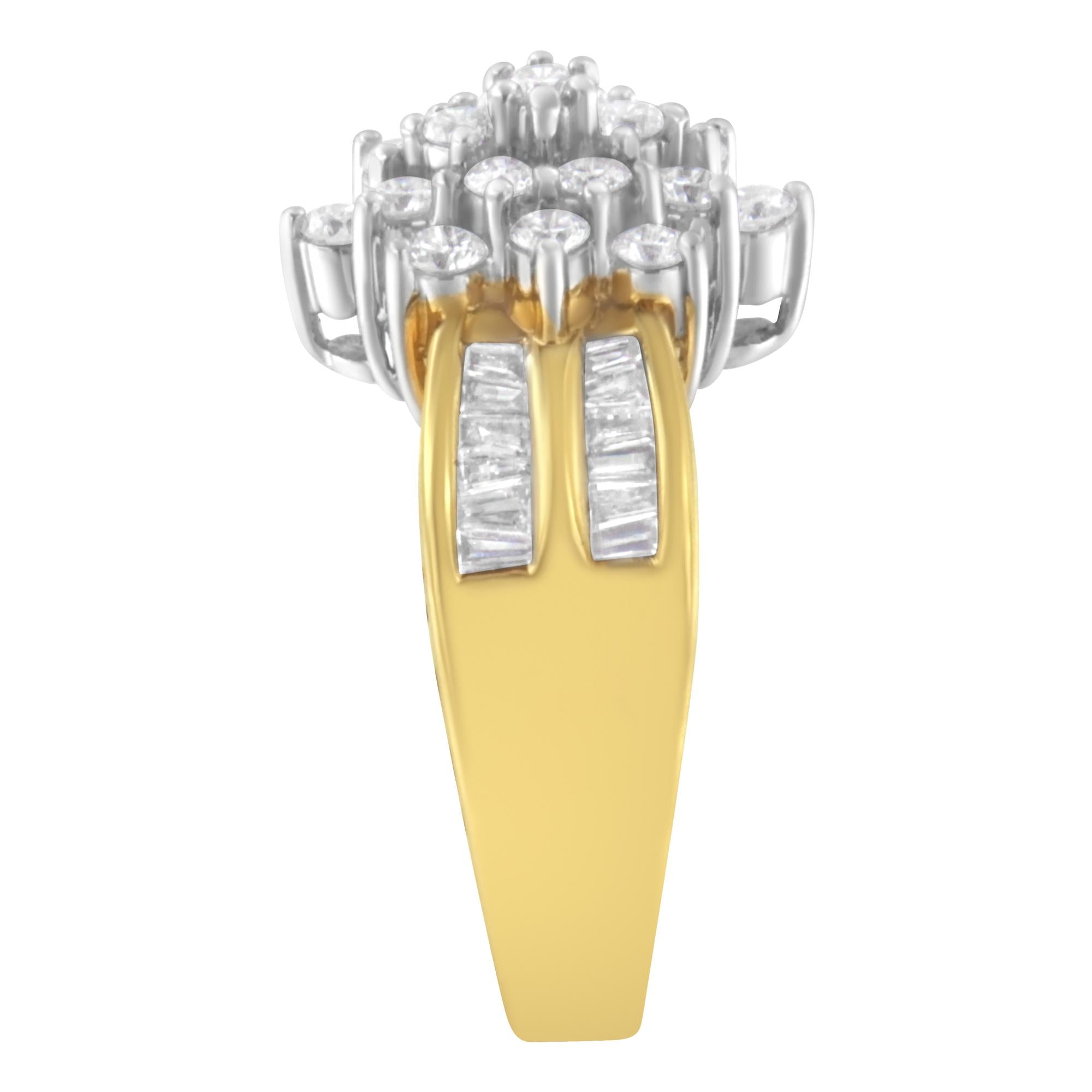 10K Yellow Gold 1.0 Cttw Round & Baguette Cut Diamond Floral Cluster Double-Channel Flared Band Statement Ring (H-I Color, SI2-I1 Clarity) - Friggin Jewelry