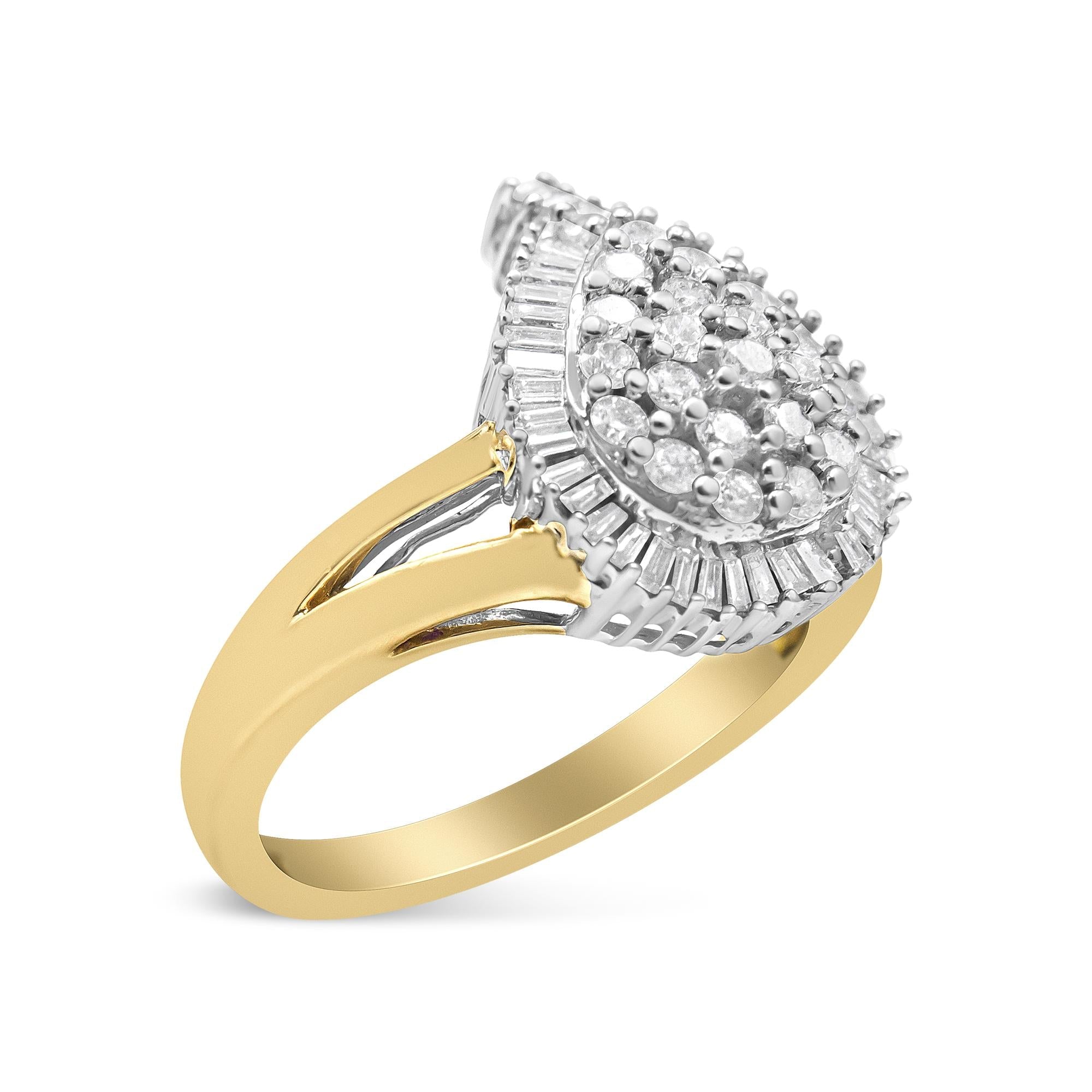 14K Yellow and White Gold 1.00 Cttw Round and Baguette-Cut Diamond Ballerina Cocktail Ring (H-I Color, SI2-I1 Clarity) - Friggin Jewelry