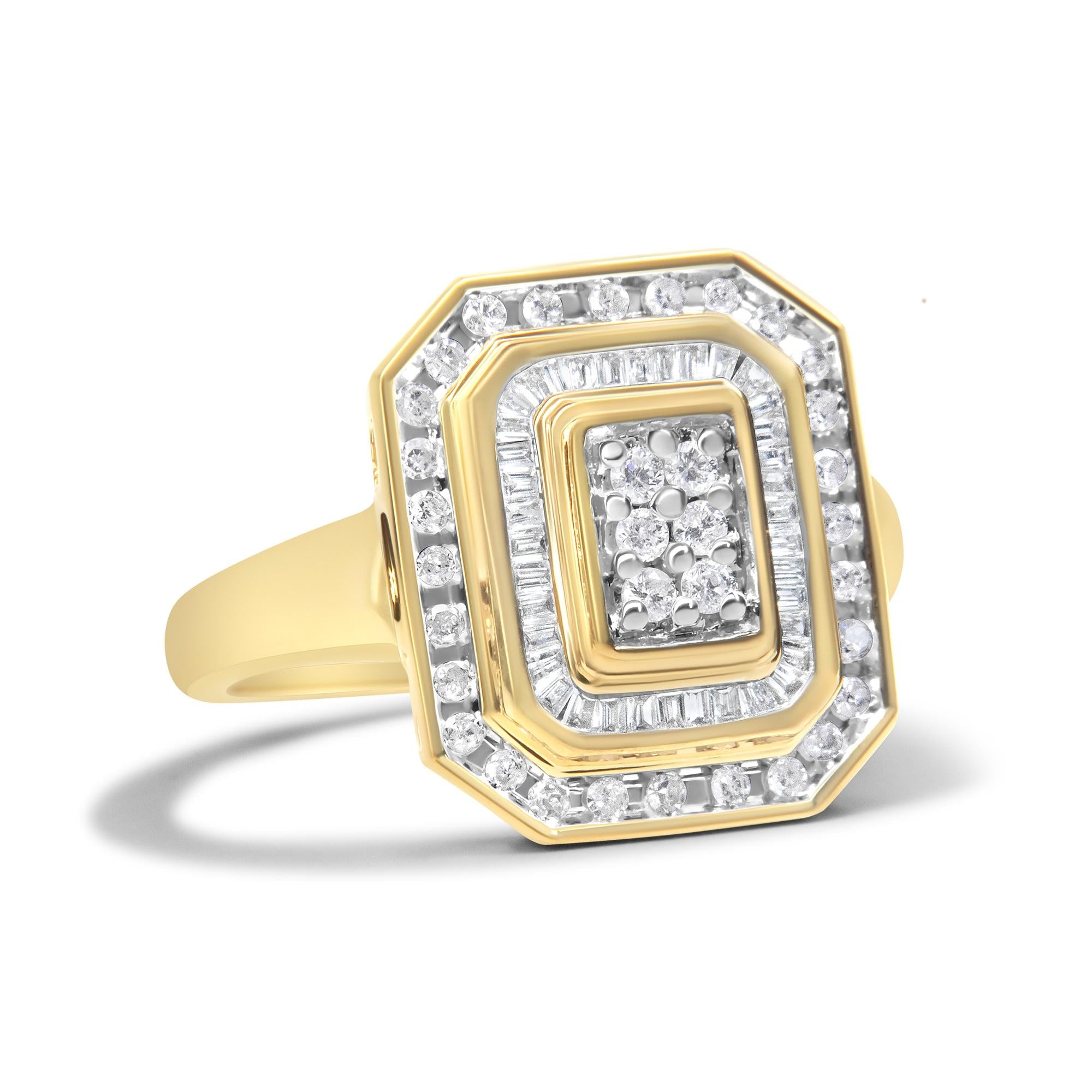 10K Yellow Gold 1.0 Cttw Diamond Vintage Inspired Baguette-Cut Double Halo Emerald-Shaped Frame Cocktail Ring (I-J Color, I1-I2 Clarity) - Friggin Jewelry