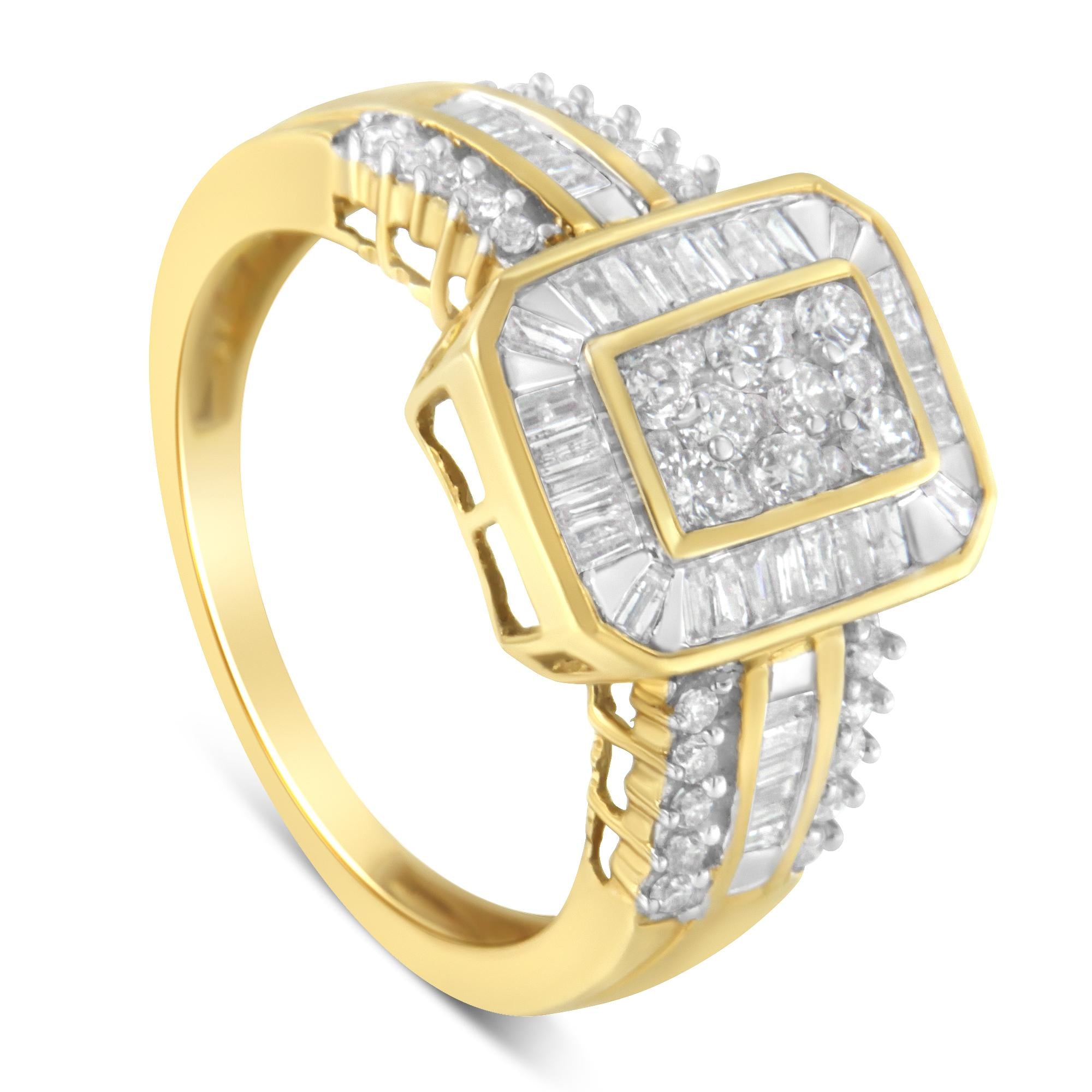 Anello da cocktail in oro giallo 10 carati con diamanti taglio baguette e taglio rotondo (1,0 ct, colore HI, purezza SI2-I1) - Friggin Jewelry