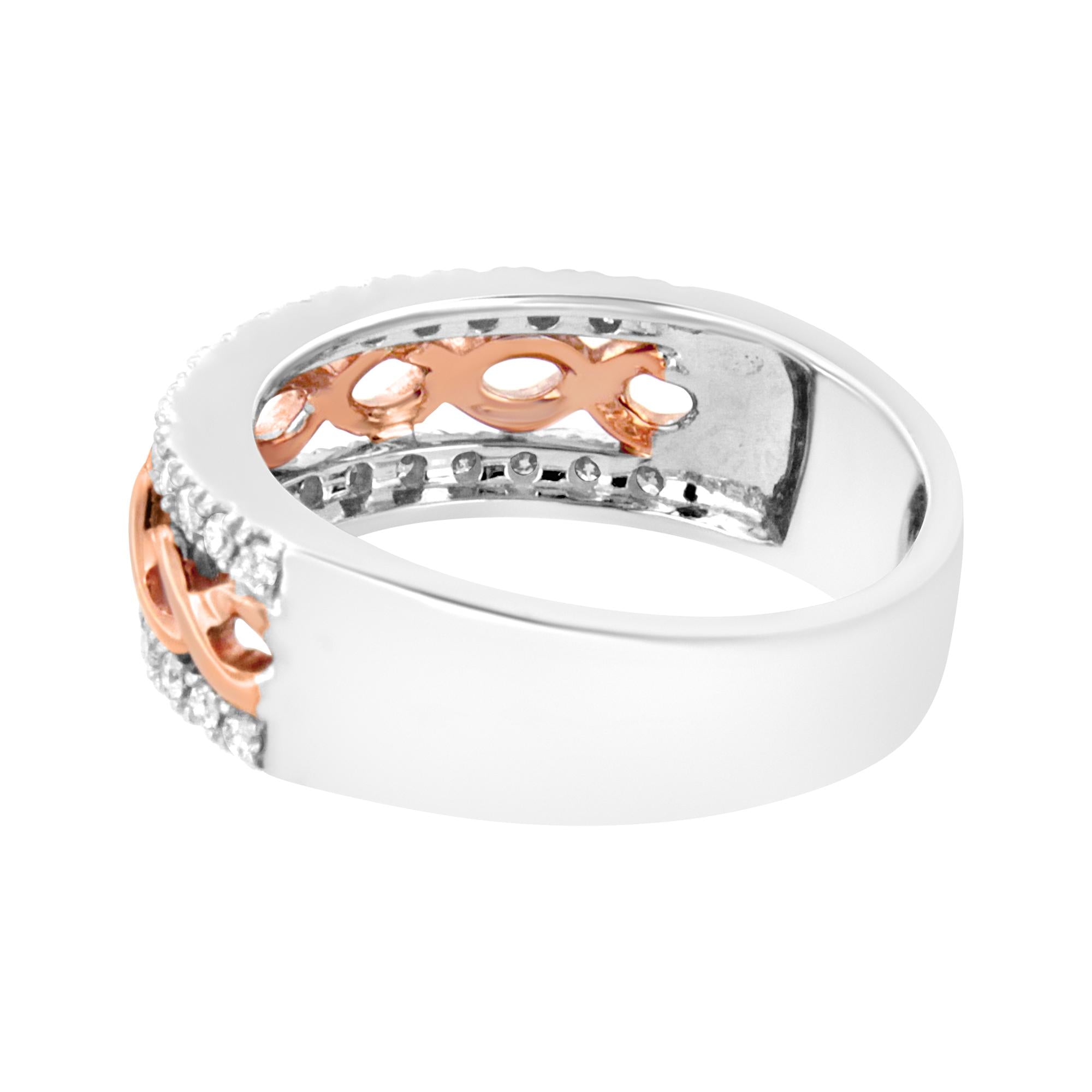 Anello con fascia a nastro infinito e gambo diviso in diamanti da 1/3 ct in oro bianco e rosa 10 carati (colore IJ, purezza I1-I2) - Friggin Jewelry