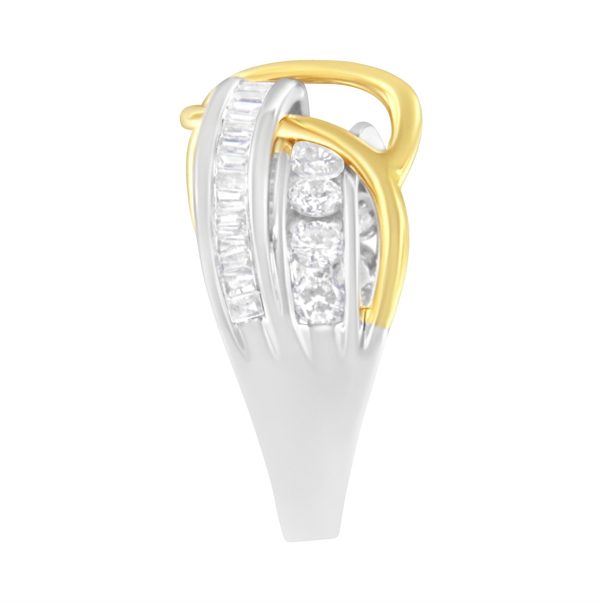 Anello a fascia bypass in oro bianco e giallo 10 carati con diamanti incastonati a canale da 1 1/10 ct (colore J, purezza I3) - Friggin Jewelry