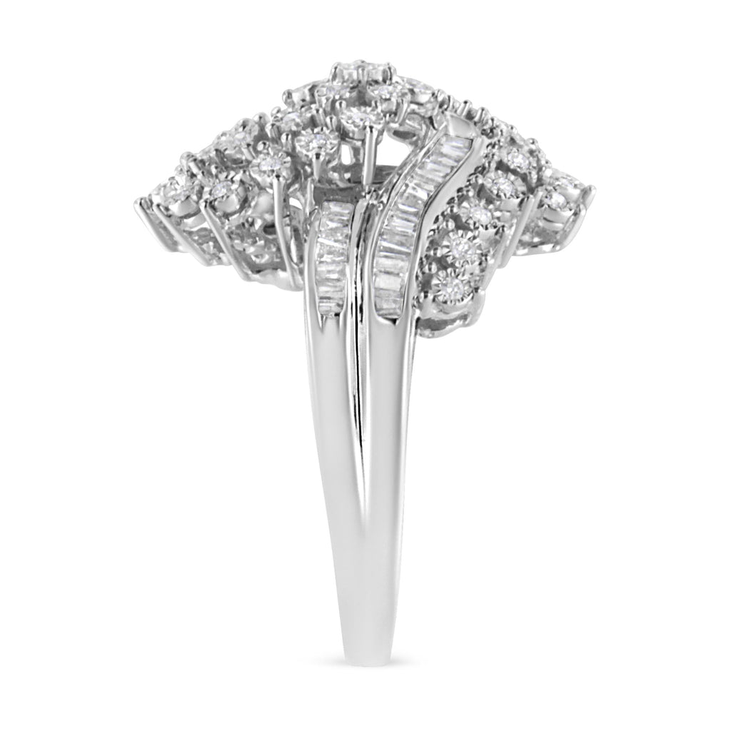 10K White Gold 1/2 Cttw Round and Baguette-Cut "S" Shaped Bypass Cocktail Ring (I-J Color, I1-I2 Clarity) - Friggin Jewelry