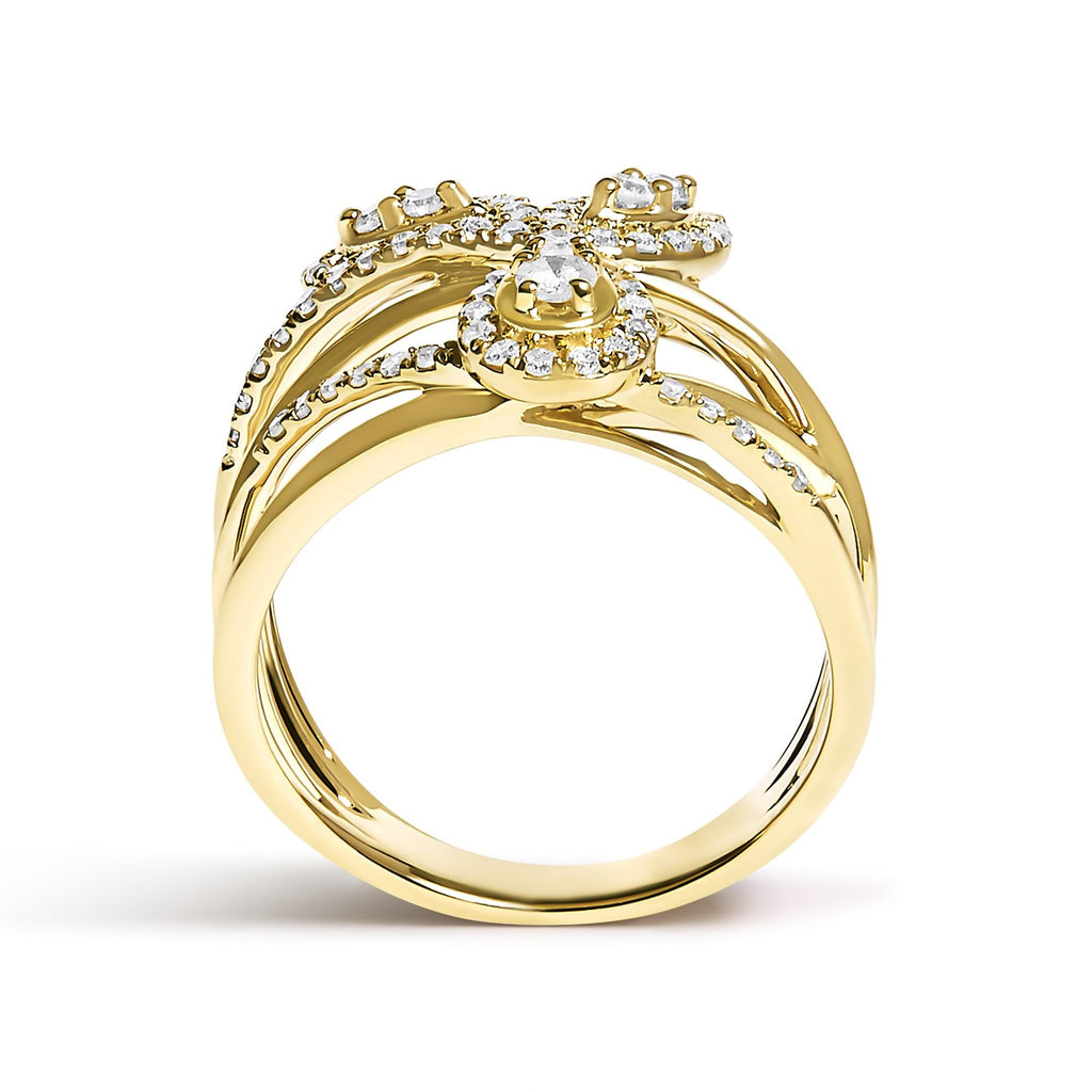 10K Yellow Gold 1/2 Cttw Diamond Crossover 3 Leaf Floral Cocktail Ring Band (H-I Color, SI1-SI2 Clarity) - Friggin Jewelry