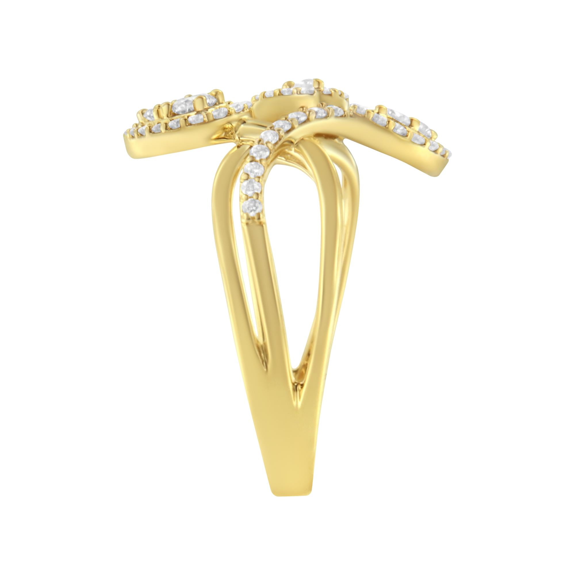 10K Yellow Gold 1/2 Cttw Round-Cut Diamond Layered Crossover Triple Leaf Bypass Ring (I-J Color, I1-I2 Clarity) - Friggin Jewelry
