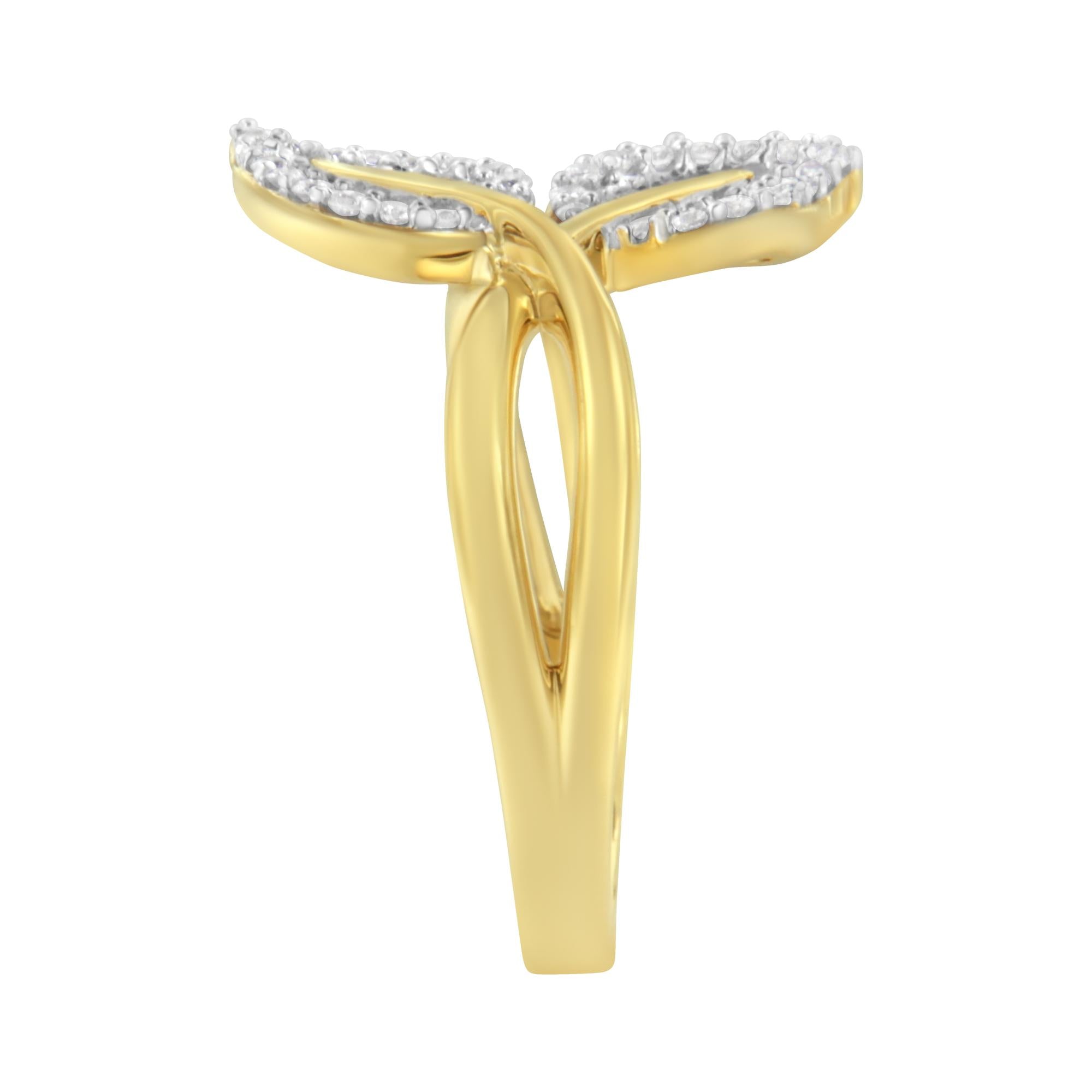 10K Yellow Gold 3/8 Cttw Round and Baguette-Cut Diamond Leaf Cocktail Ring (I-J Color, I1-I2 Clarity) - Friggin Jewelry