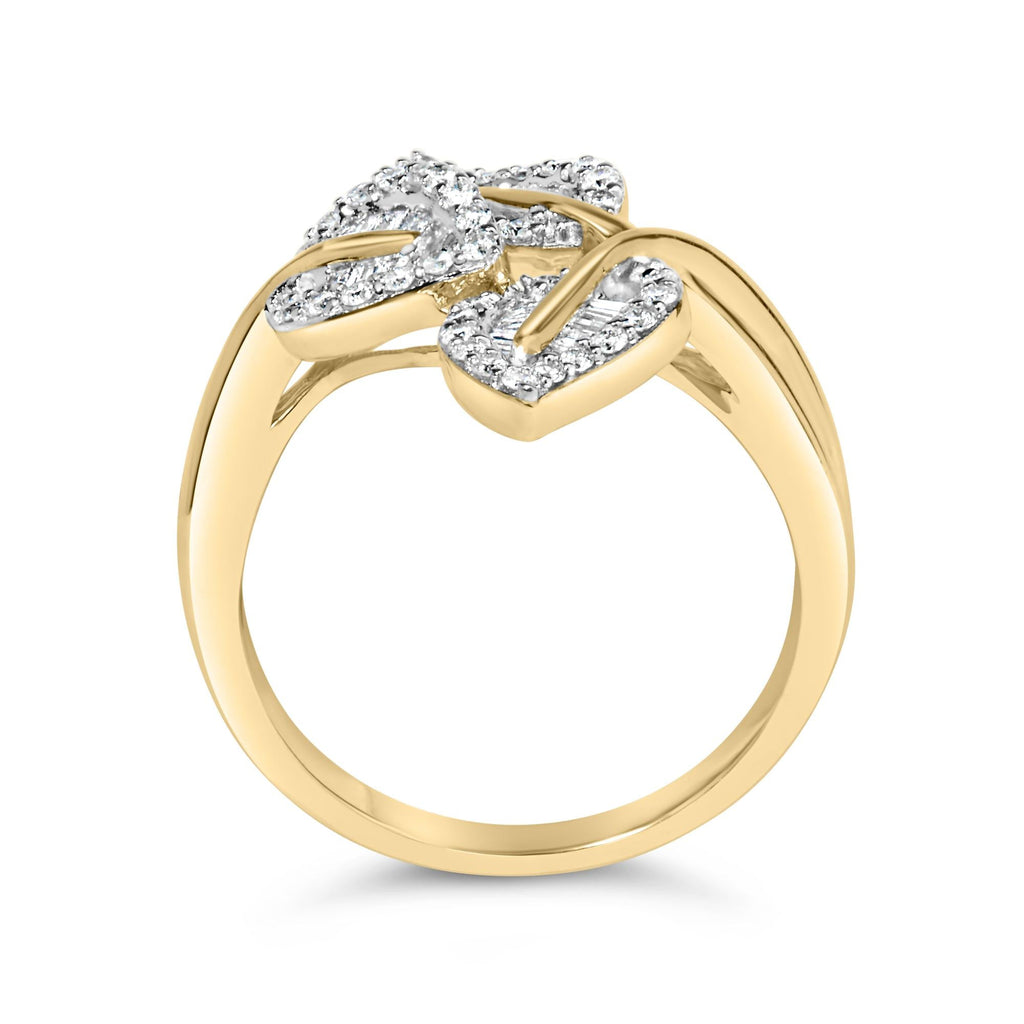 Anello a tripla foglia con taglio baguette e diamanti rotondi da 1/2 carati placcato oro giallo 18 carati in argento sterling 925 (colore IJ, purezza I1-I2) - Friggin Jewelry