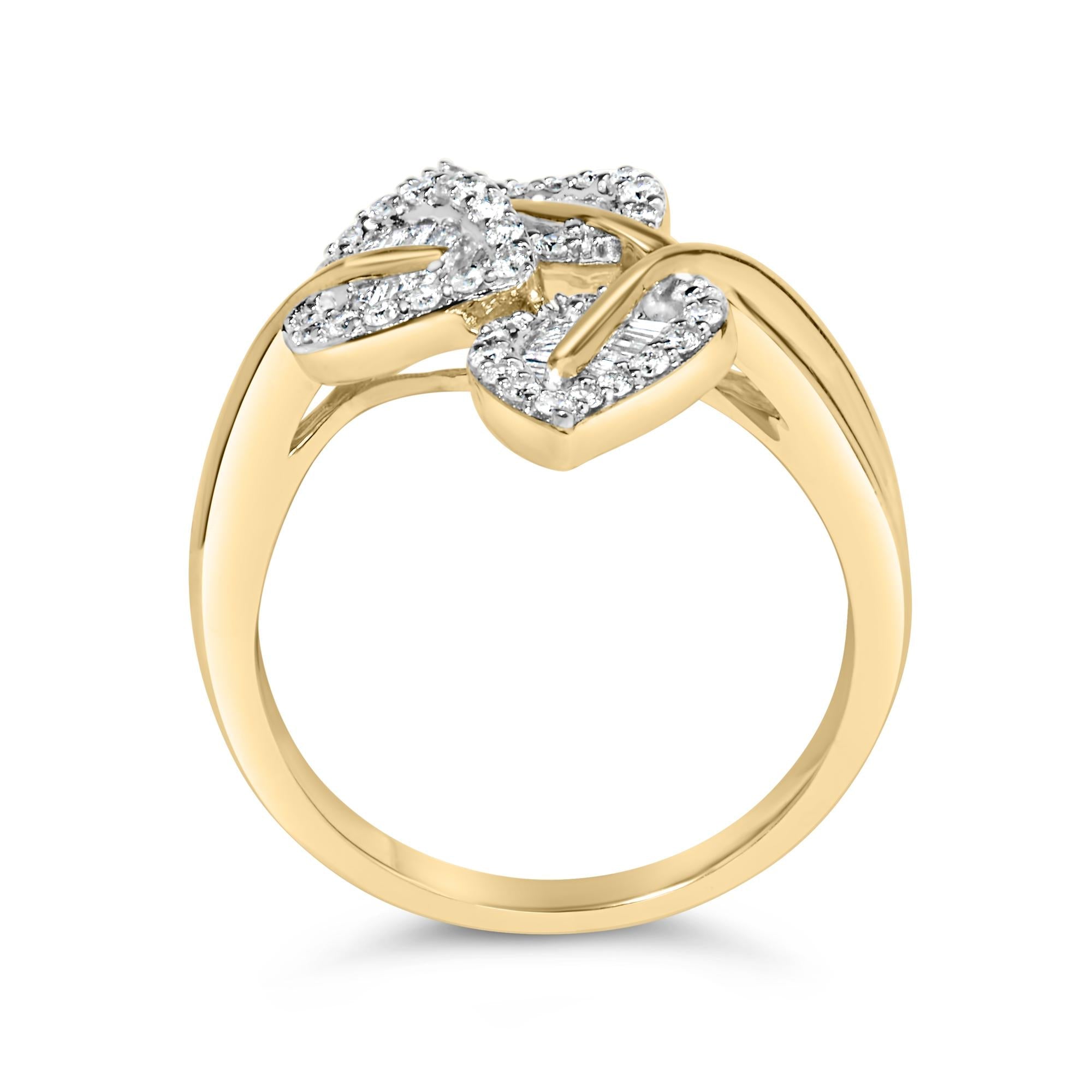 18K Yellow Gold Plated .925 Sterling Silver 1/2 Cttw Baguette and Round Diamond Bypass Triple Leaf Ring (I-J Color, I1-I2 Clarity) - Friggin Jewelry