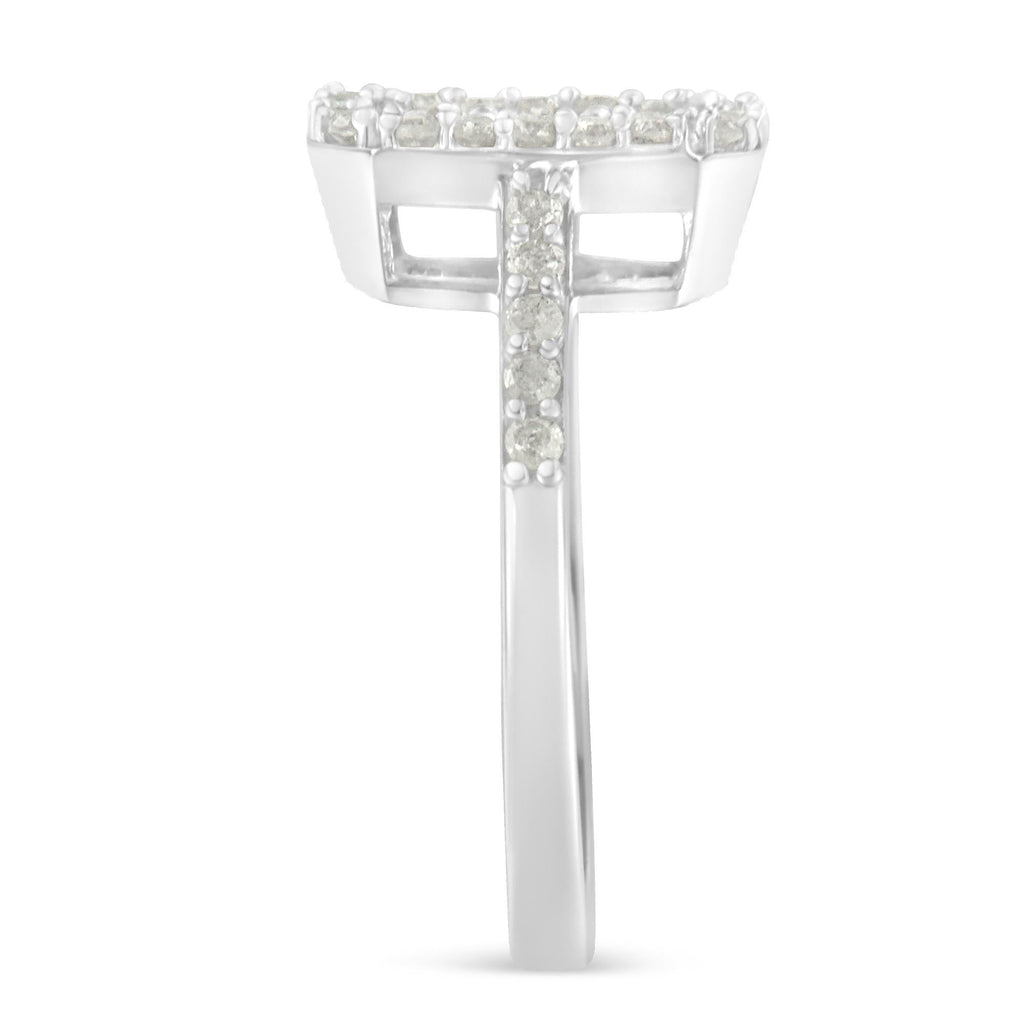 .925 Sterling Silver 1.0 Cttw Diamond Emerald-Shaped Cluster with Halo Cathedral Style Cocktail Ring (I-J Color, I3 Clarity) - Friggin Jewelry