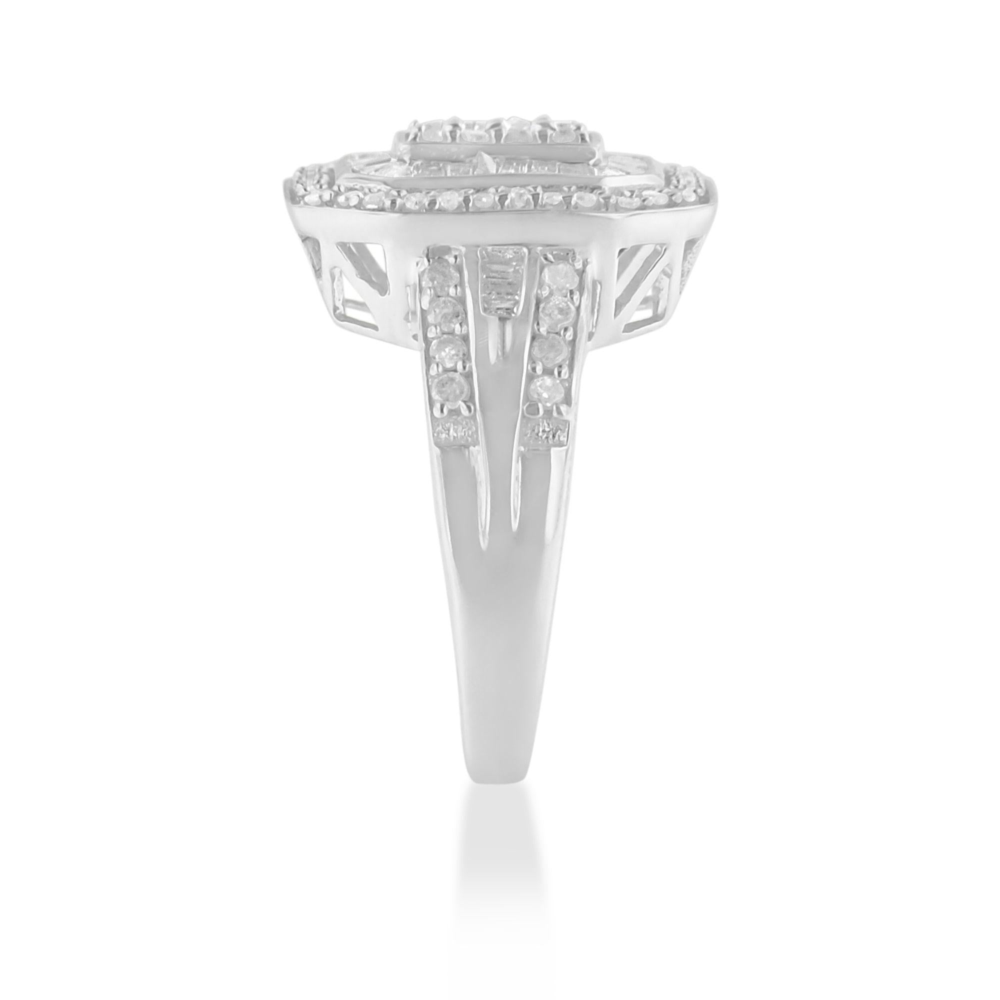 Anillo de cóctel octogonal alargado con diamantes de talla baguette y redondos de 1,0 quilates en plata de ley 925 (color HI, claridad I2-I3) - Friggin Jewelry