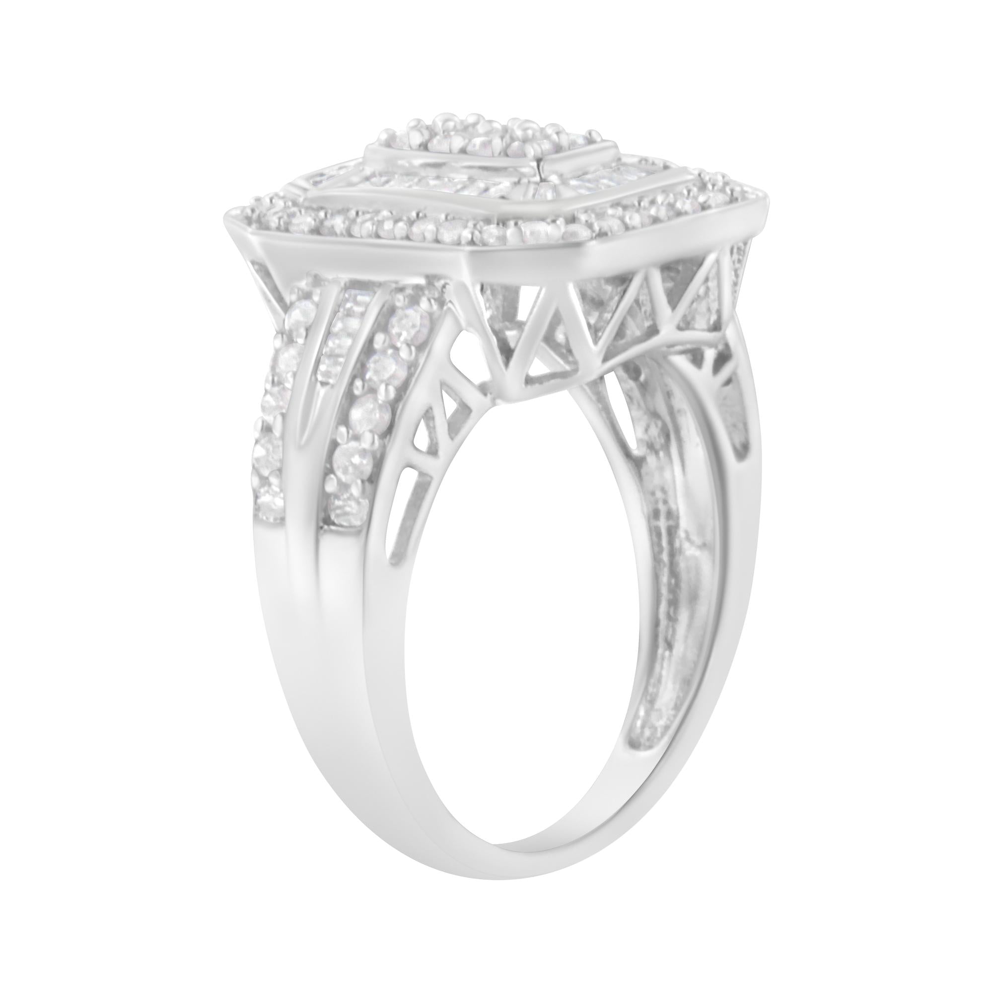 Anello cattedrale in argento sterling 925 con diamanti taglio baguette e taglio rotondo (0,75 ct, colore HI, purezza I2-I3) - Friggin Jewelry