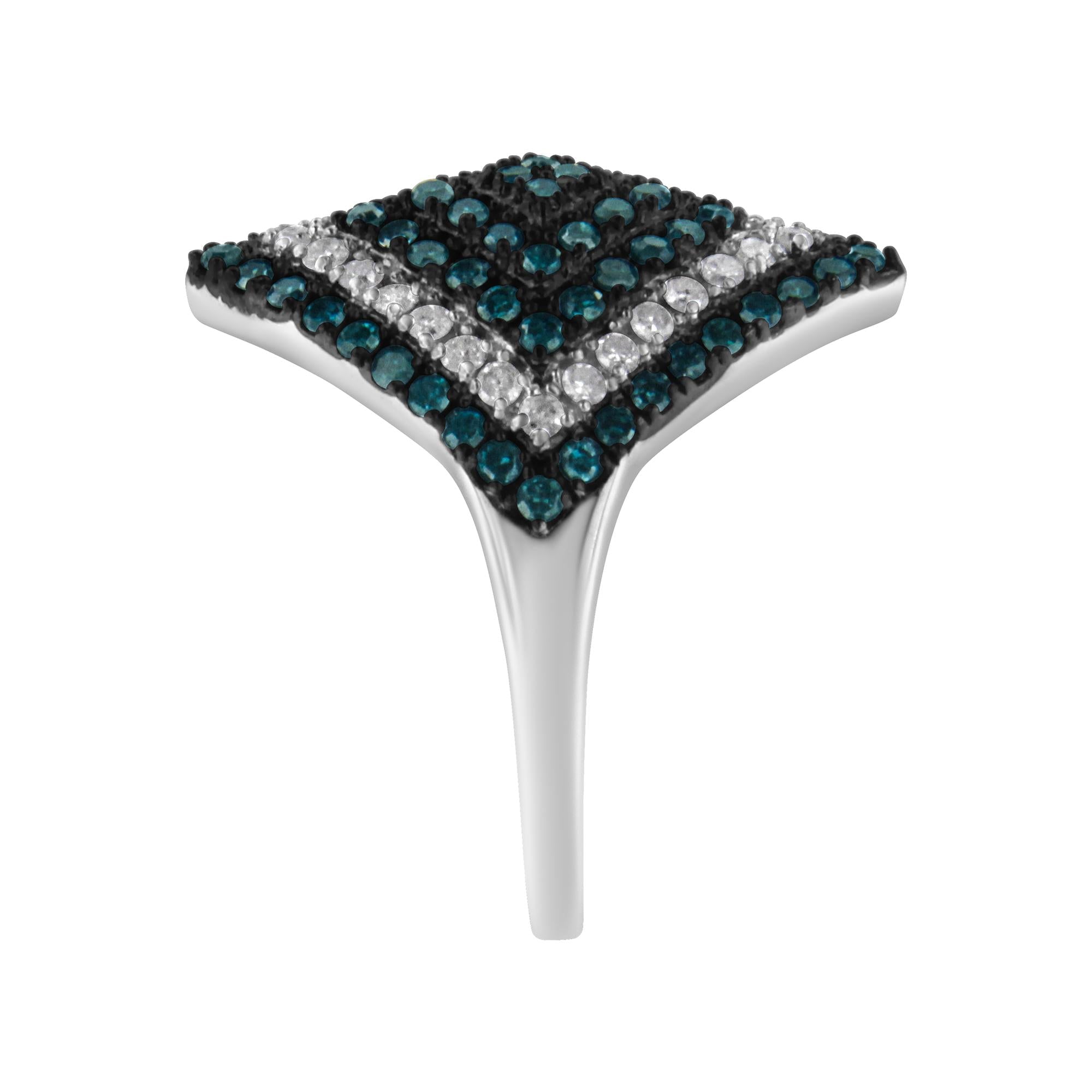 .925 Sterling Silver 1 cttw White and Treated Blue Diamond Rhombus Cocktail Ring (Blue, I3) - Friggin Jewelry