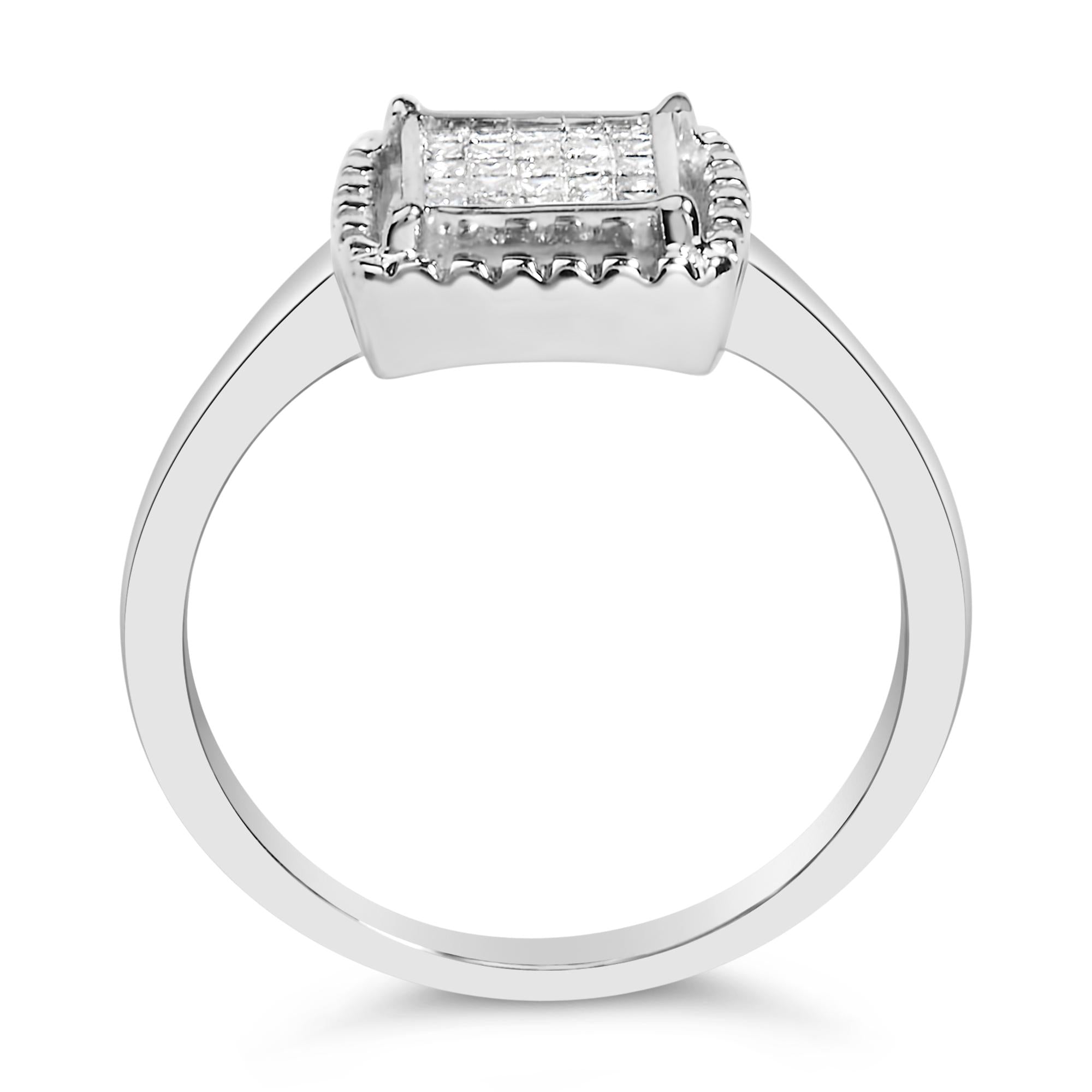 .925 Sterling Silver 1/5 Cttw Invisible Set Princess Cut Diamond Promise Ring with Beaded Halo (H-I Color, I1-I2 Clarity) - Friggin Jewelry