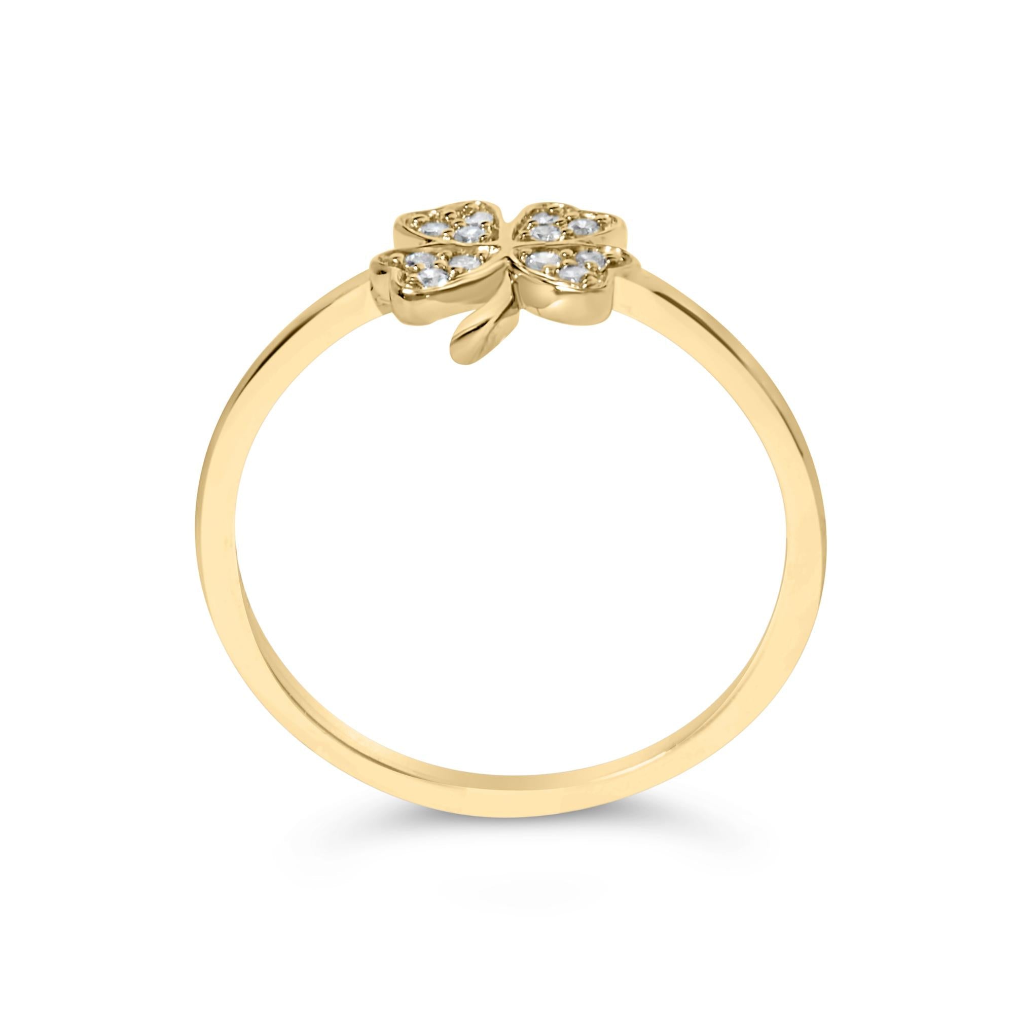 Anillo de trébol de cuatro hojas con detalles de diamantes en oro amarillo de 10 quilates (color HI, claridad I1-I2) - Friggin Jewelry
