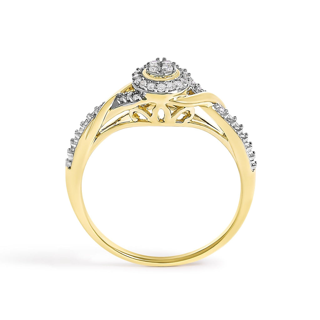Anillo de compromiso de oro amarillo de 10 quilates con halo y remolino de diamantes de 1/10 quilates - Friggin Jewelry