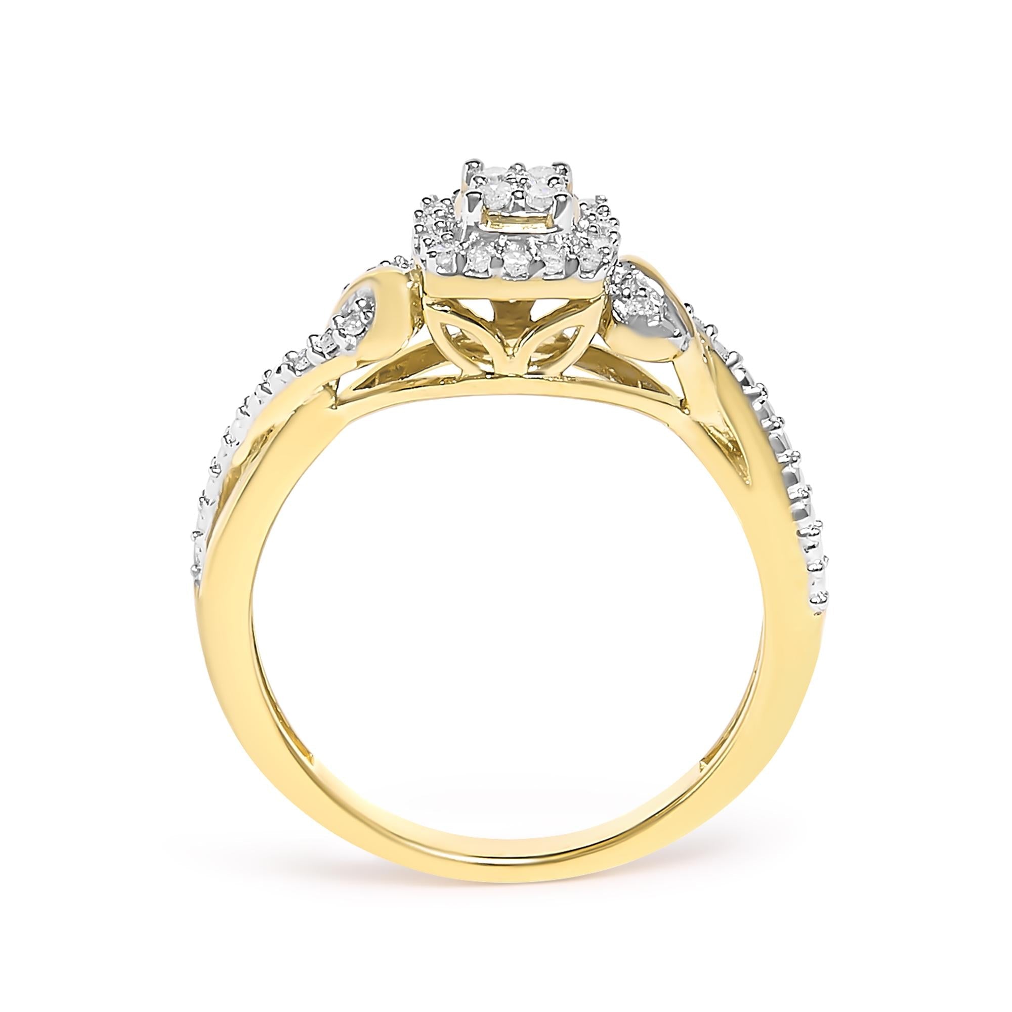 10K Yellow Gold Twisted Shank 1/10 Cttw Diamond Composite Halo Engagement Ring - Friggin Jewelry